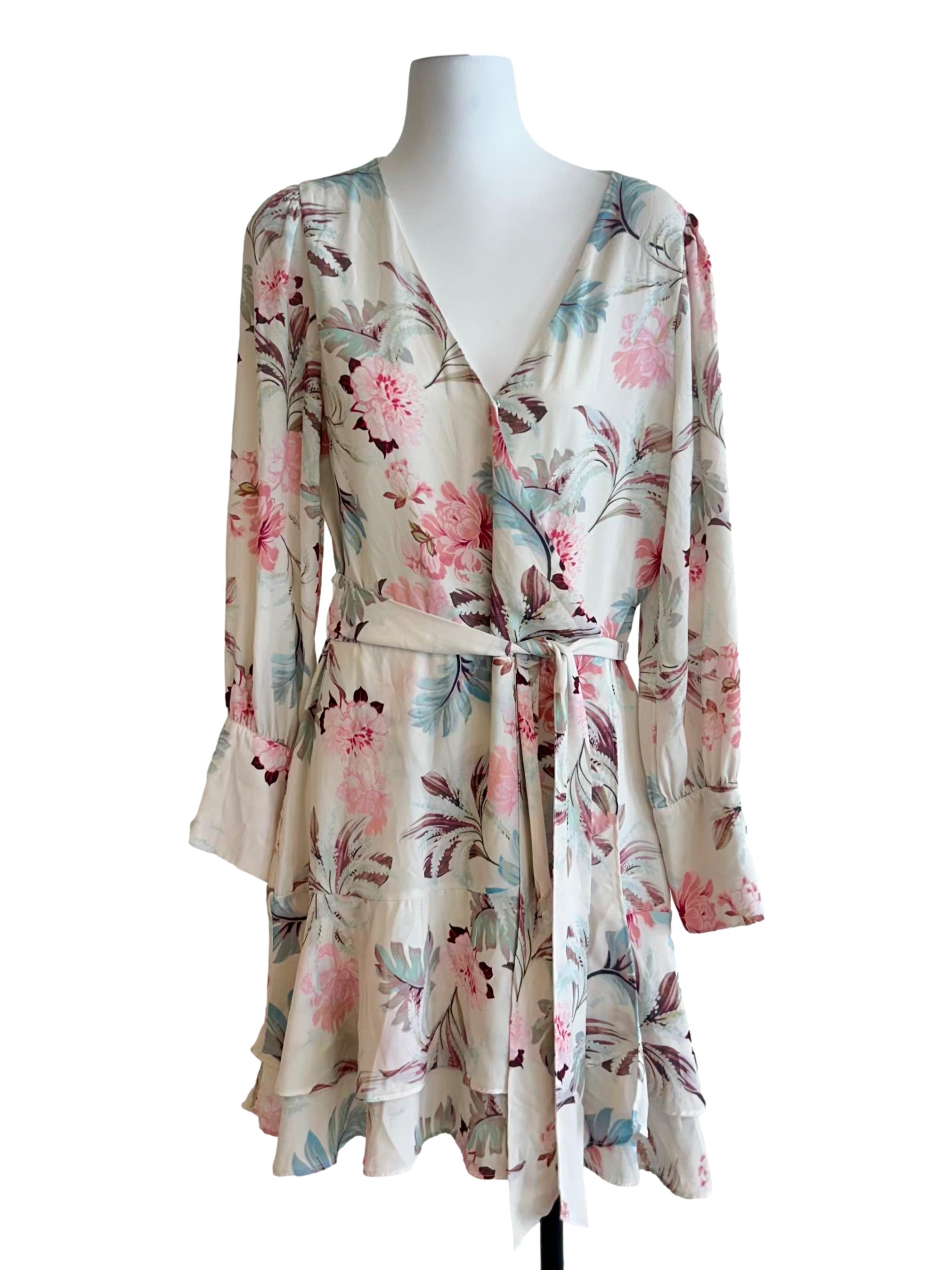 Cream Floral V-Neck Wrap Mini Dress