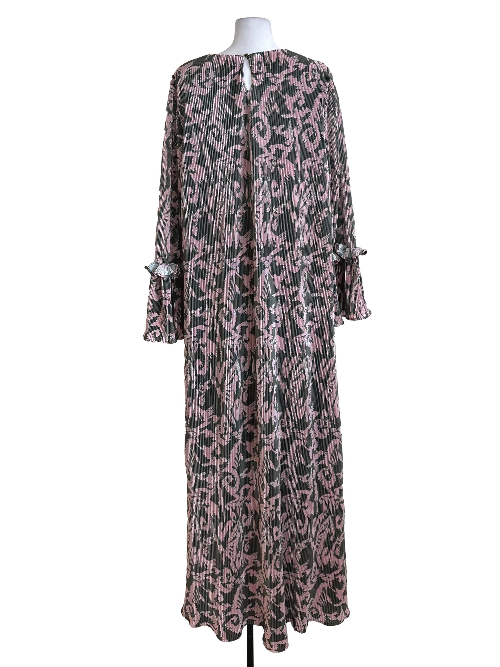 Pink Green Pleated Long Sleeve Dress