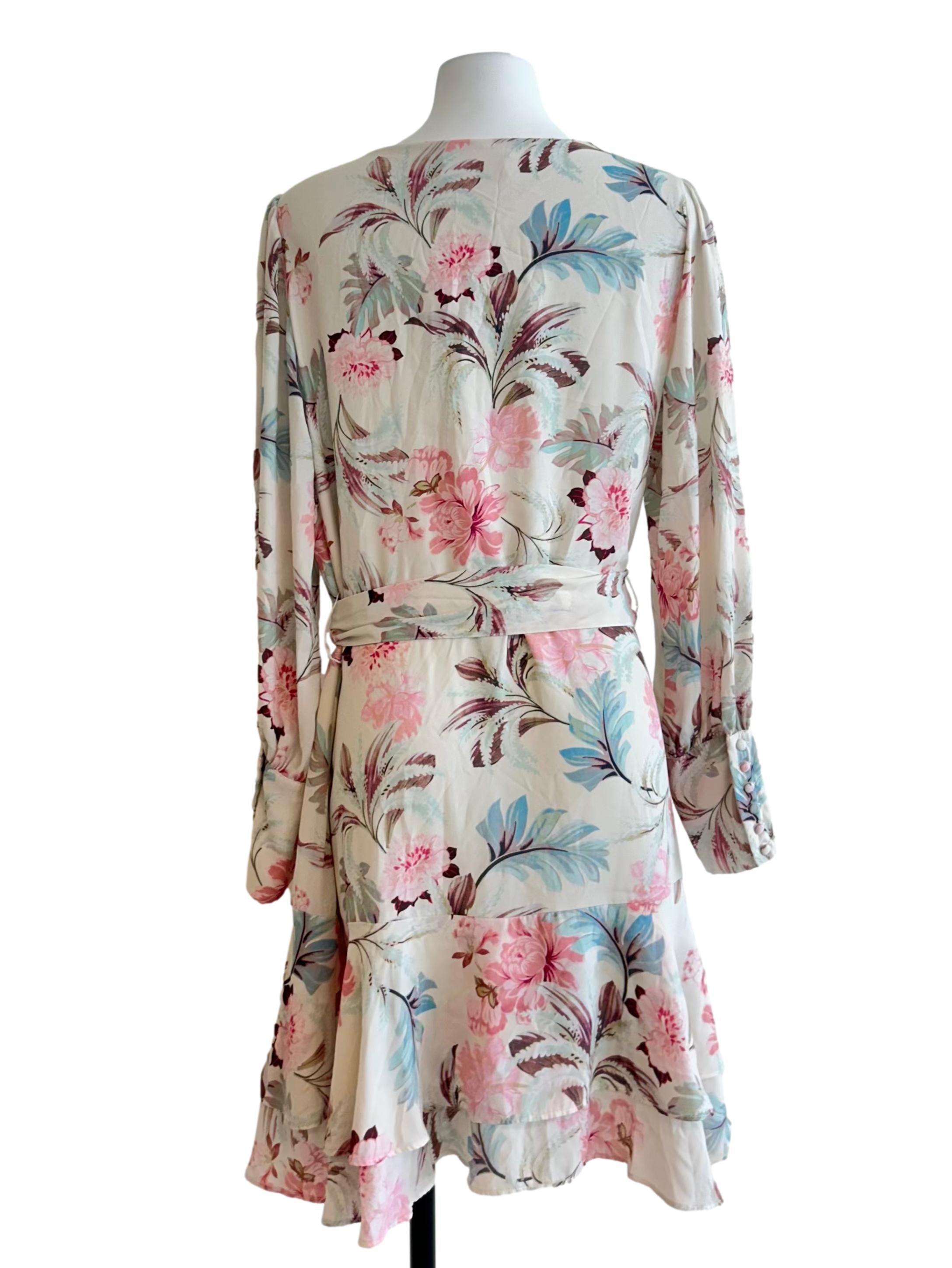 Cream Floral V-Neck Wrap Mini Dress