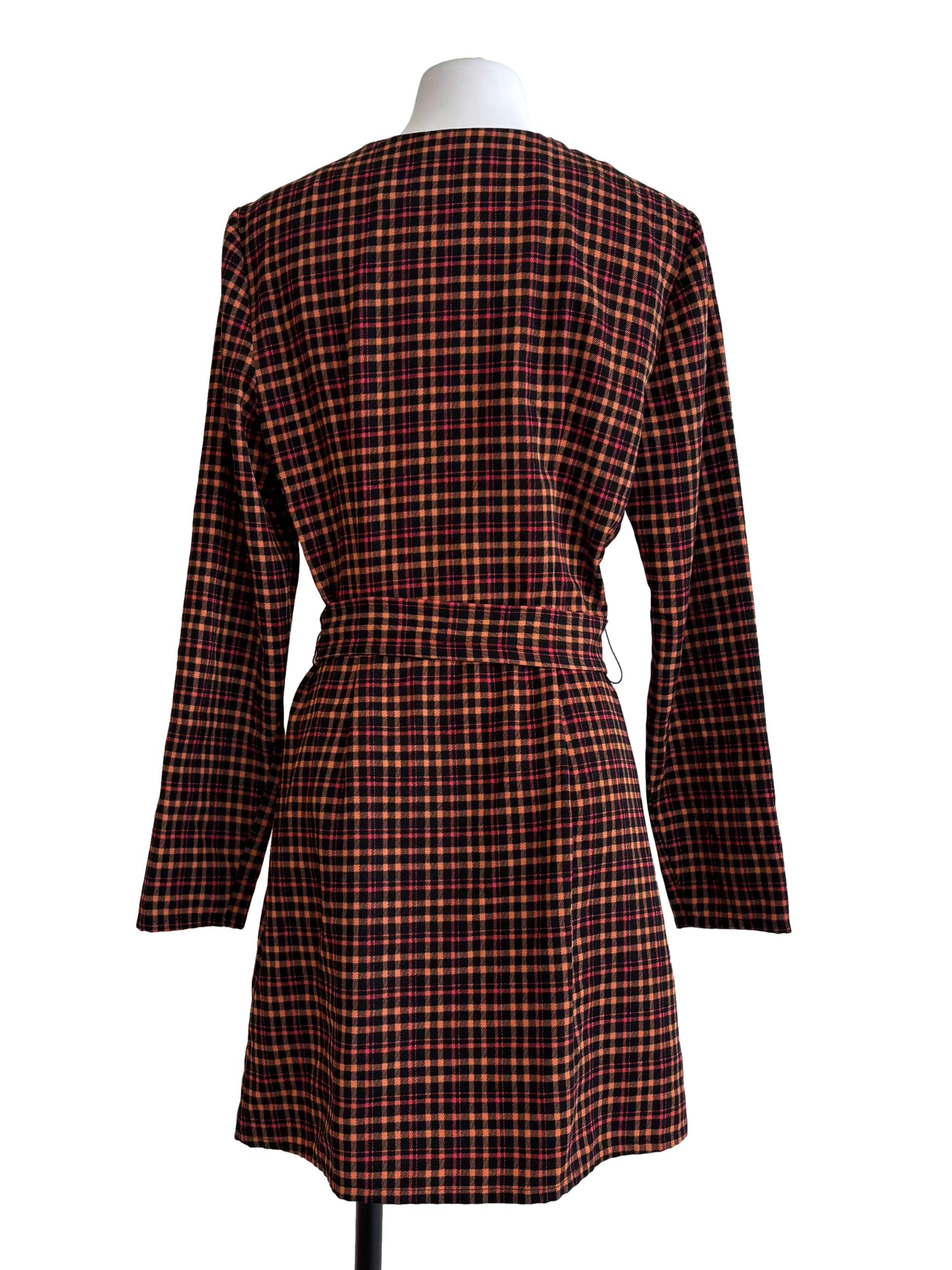 Brown And Orange Checkered Buttoned Dress