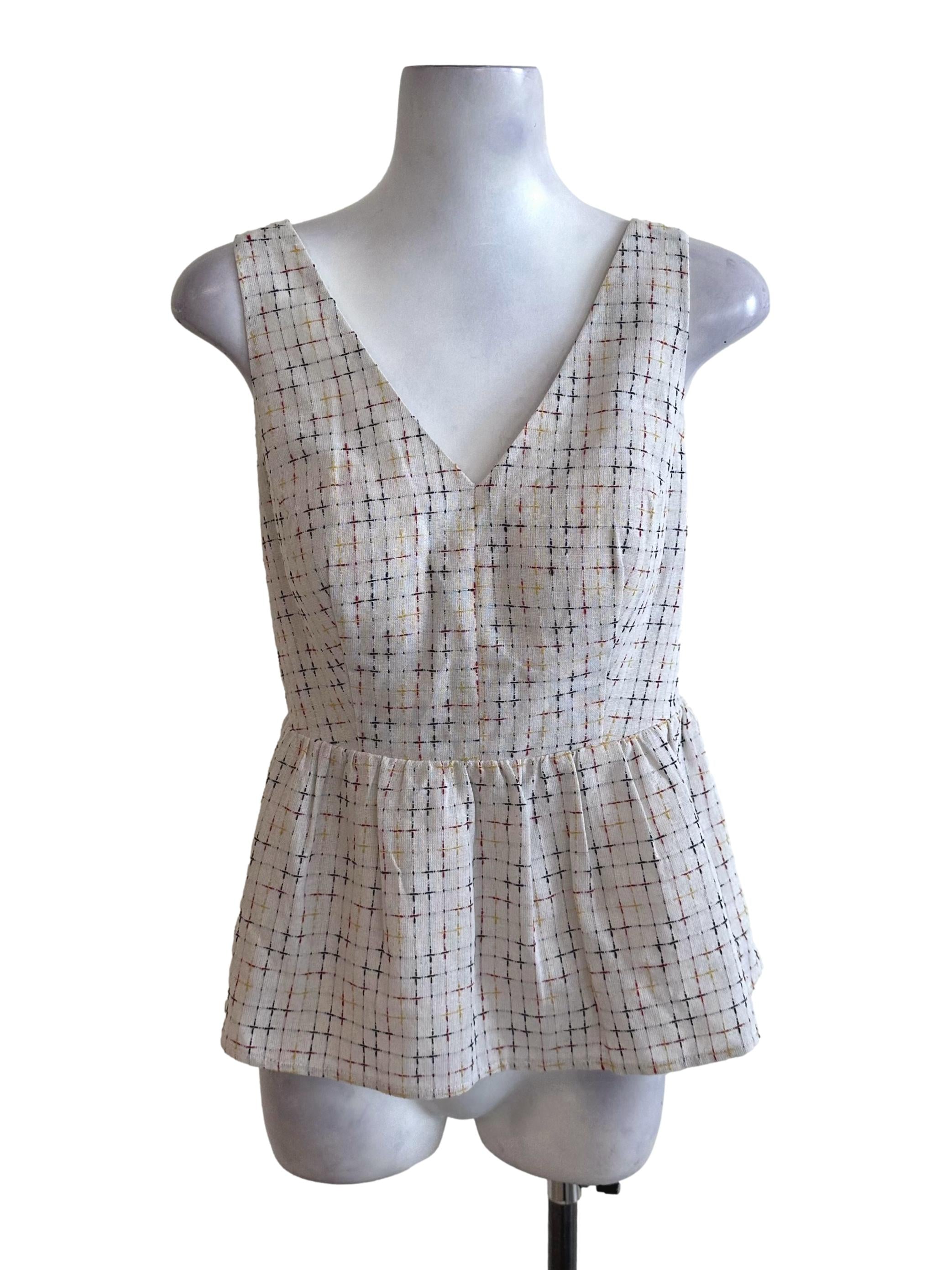 Pearl White V Neck Textured Peplum Top LB