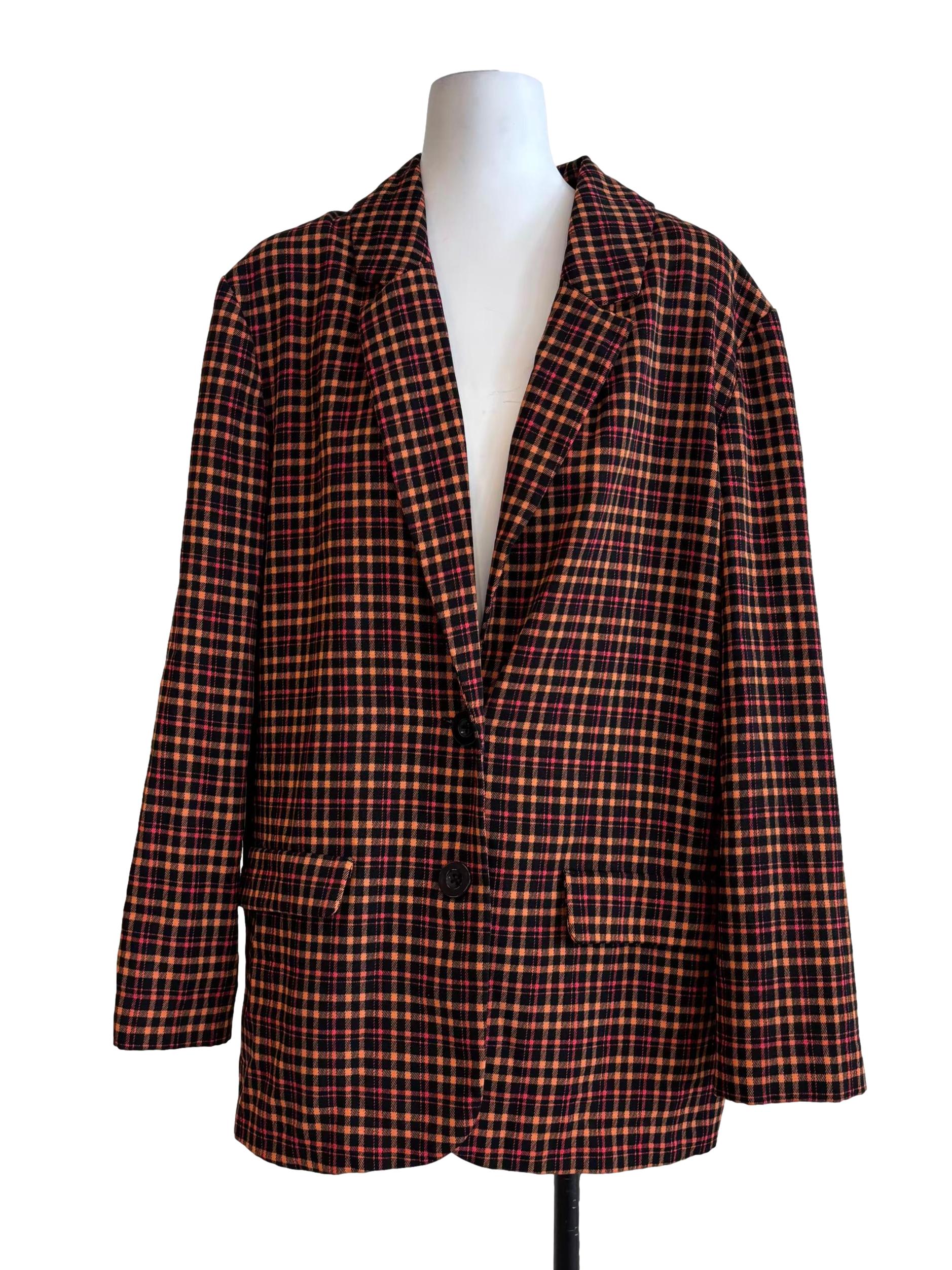 Brown And Orange Checkered Buttoned Blazer