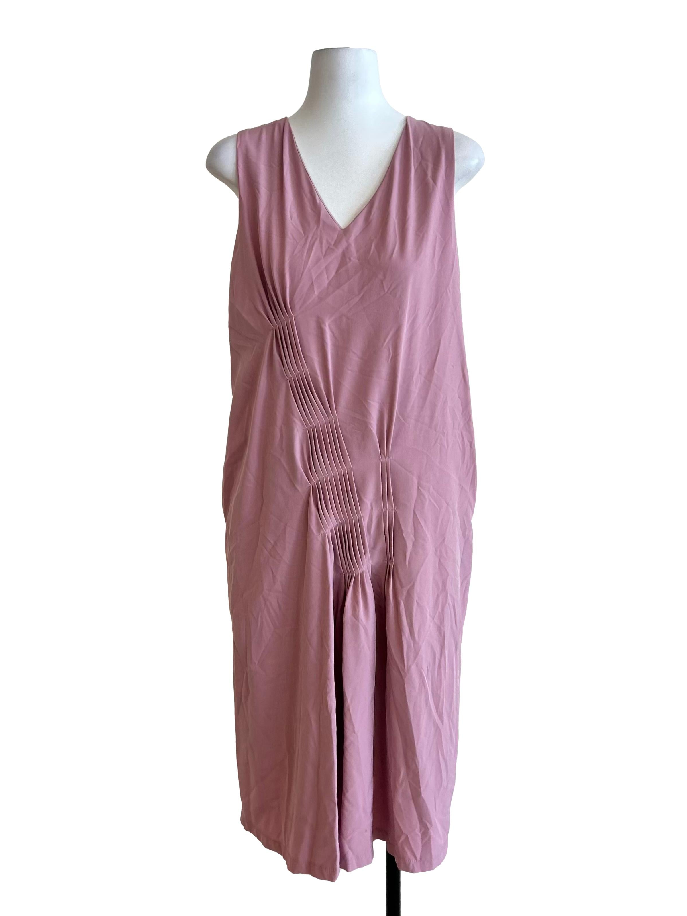 Dusty Pink V-Neck Pintuck Pleated Midi Dress