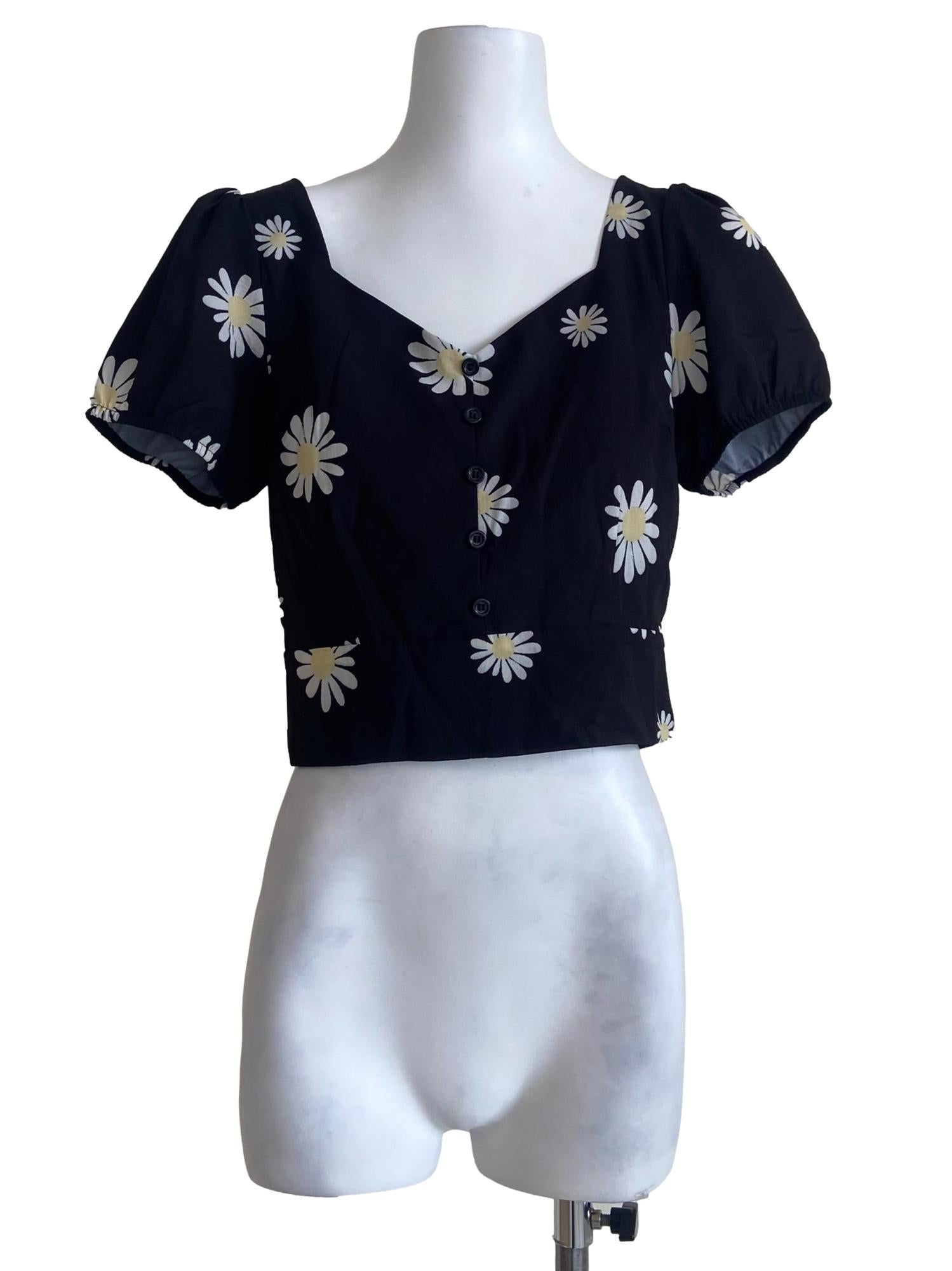 Black Floral Queen Anne Neck Blouse