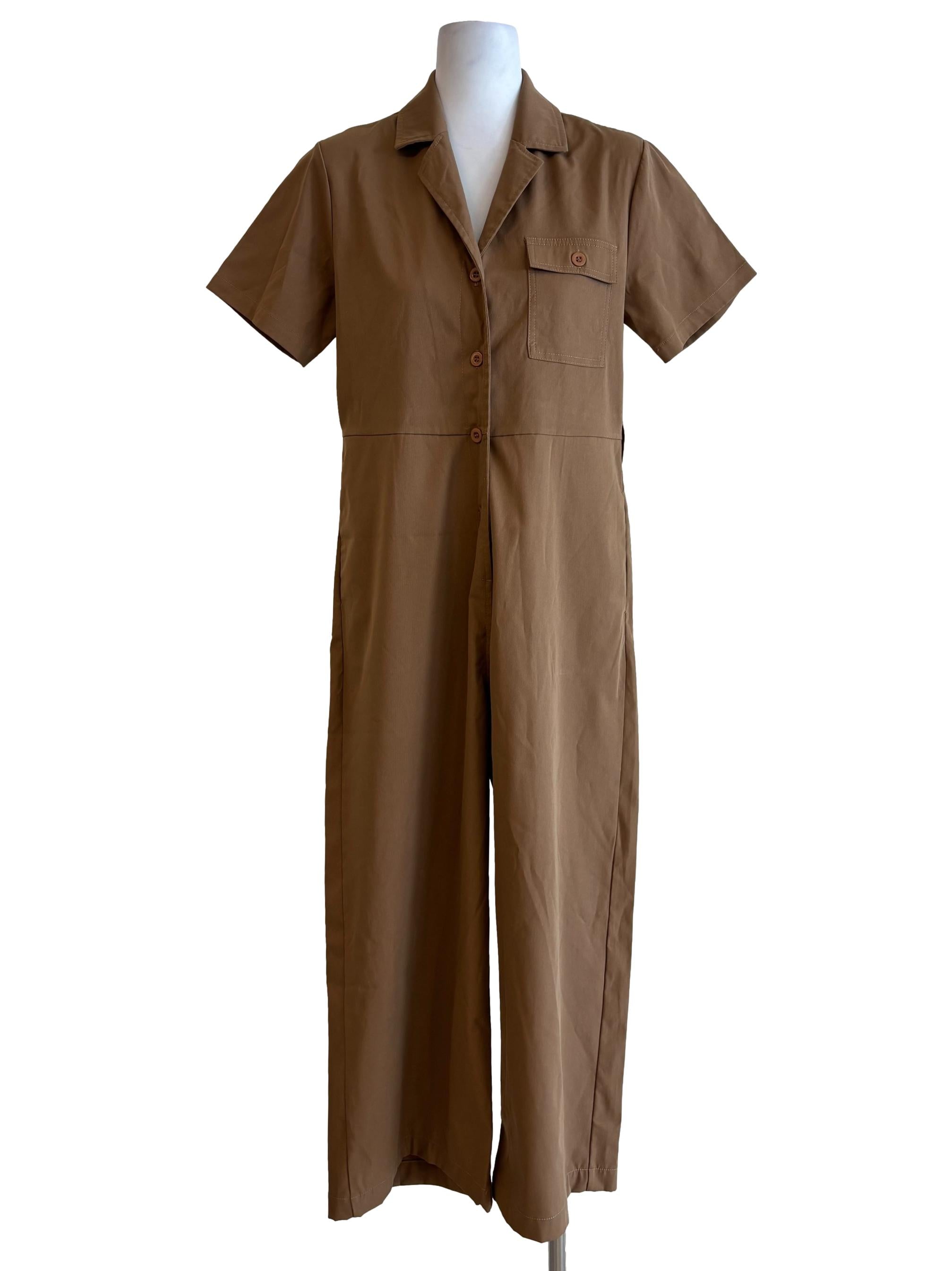 Tan Brown Short Sleeve Buttoned Jumpsuit