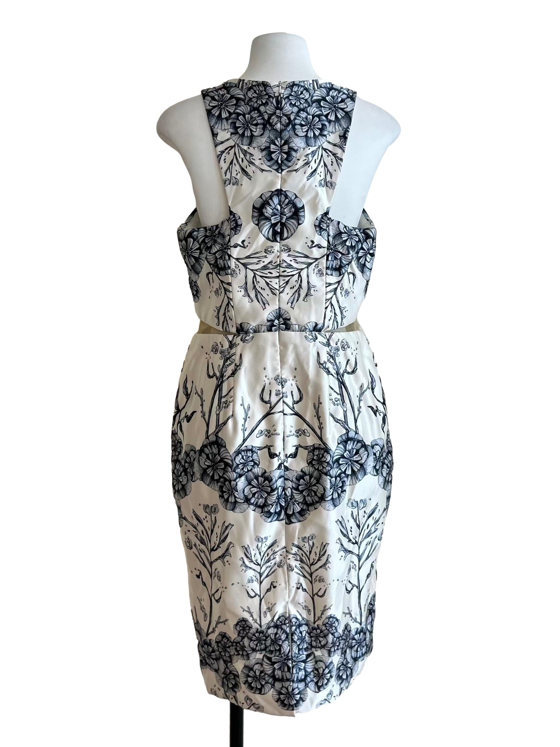 White And Navy Floral V-Neck Sheath Dress