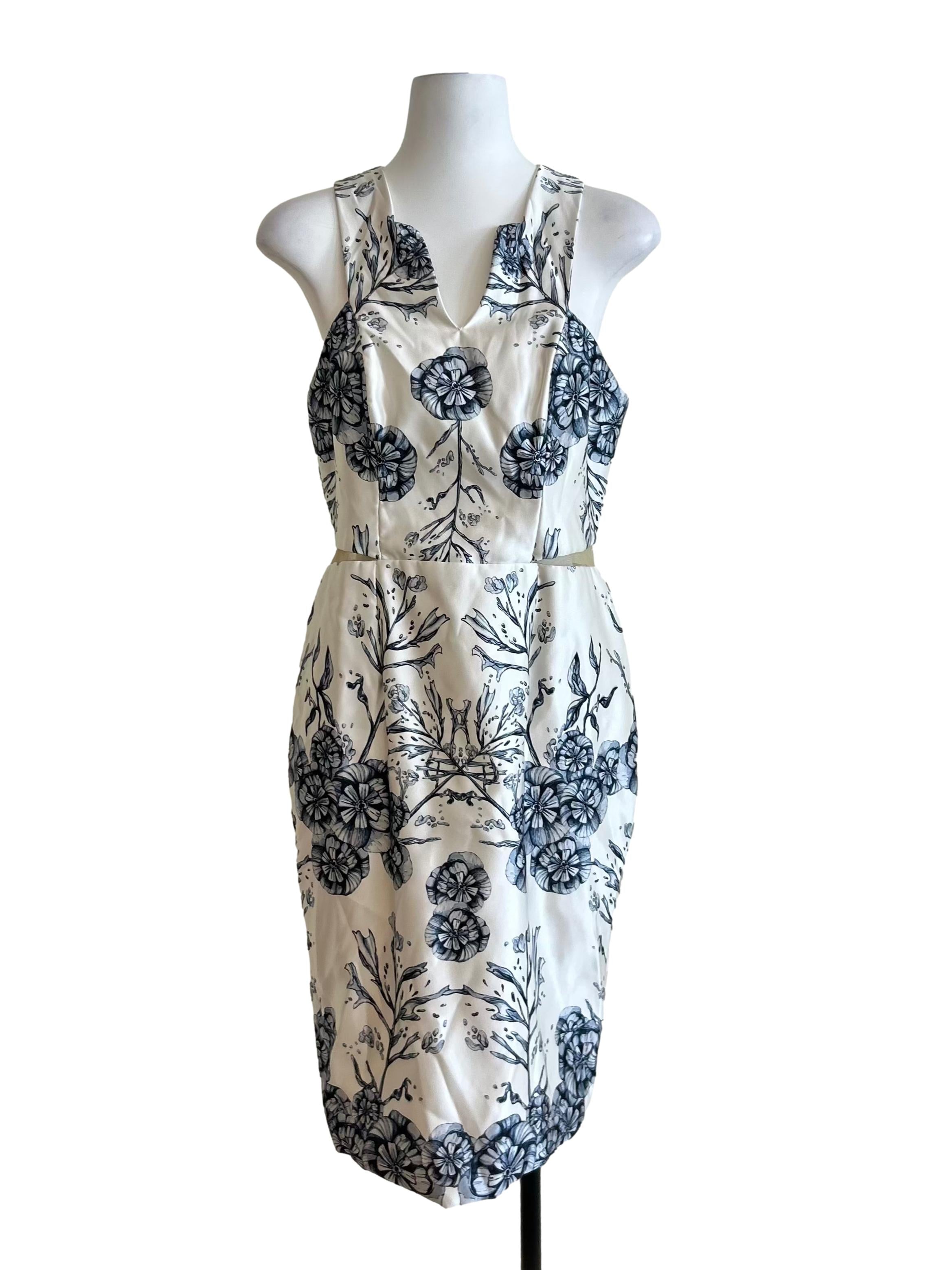White And Navy Floral V-Neck Sheath Dress