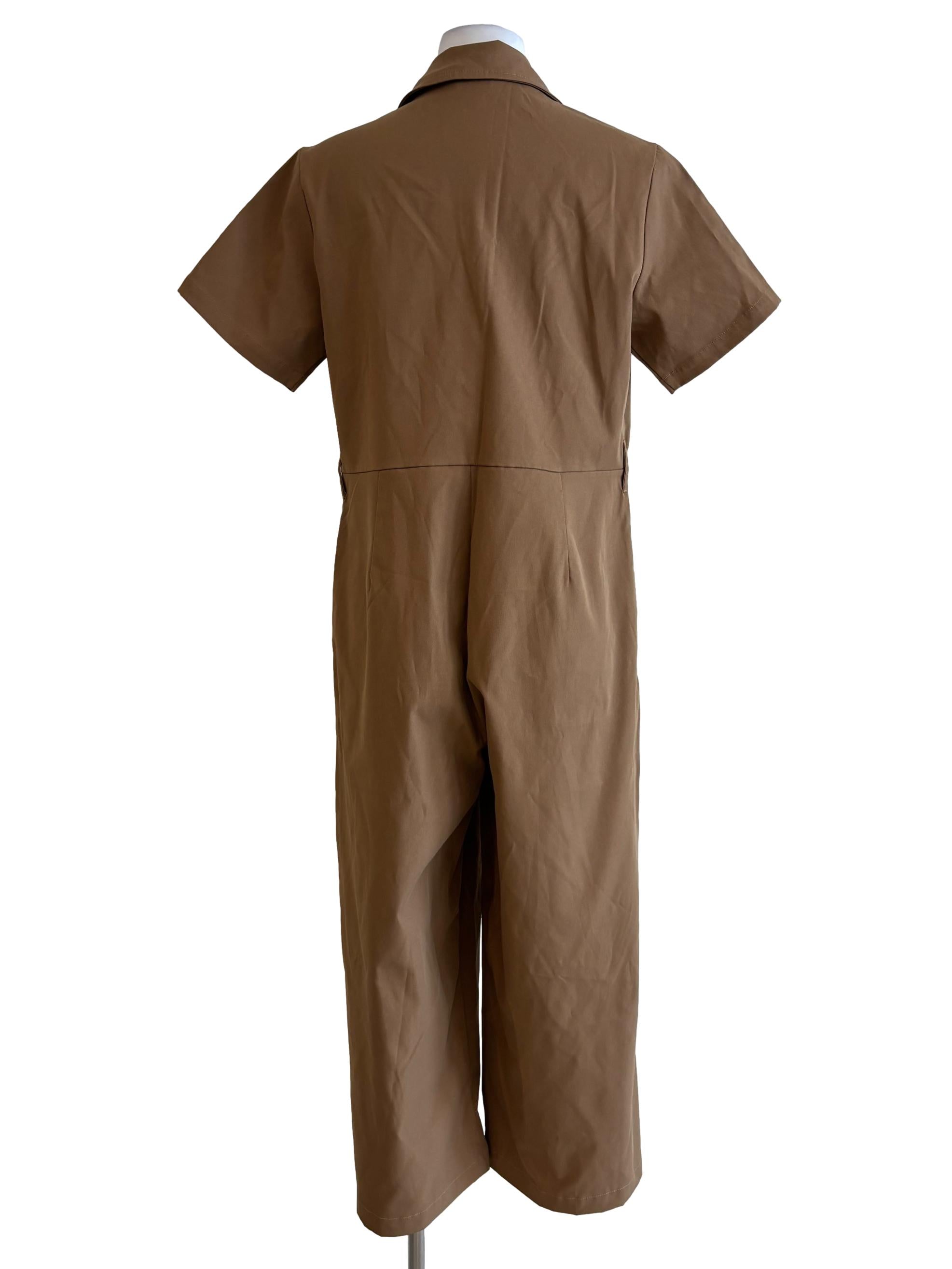 Tan Brown Short Sleeve Buttoned Jumpsuit