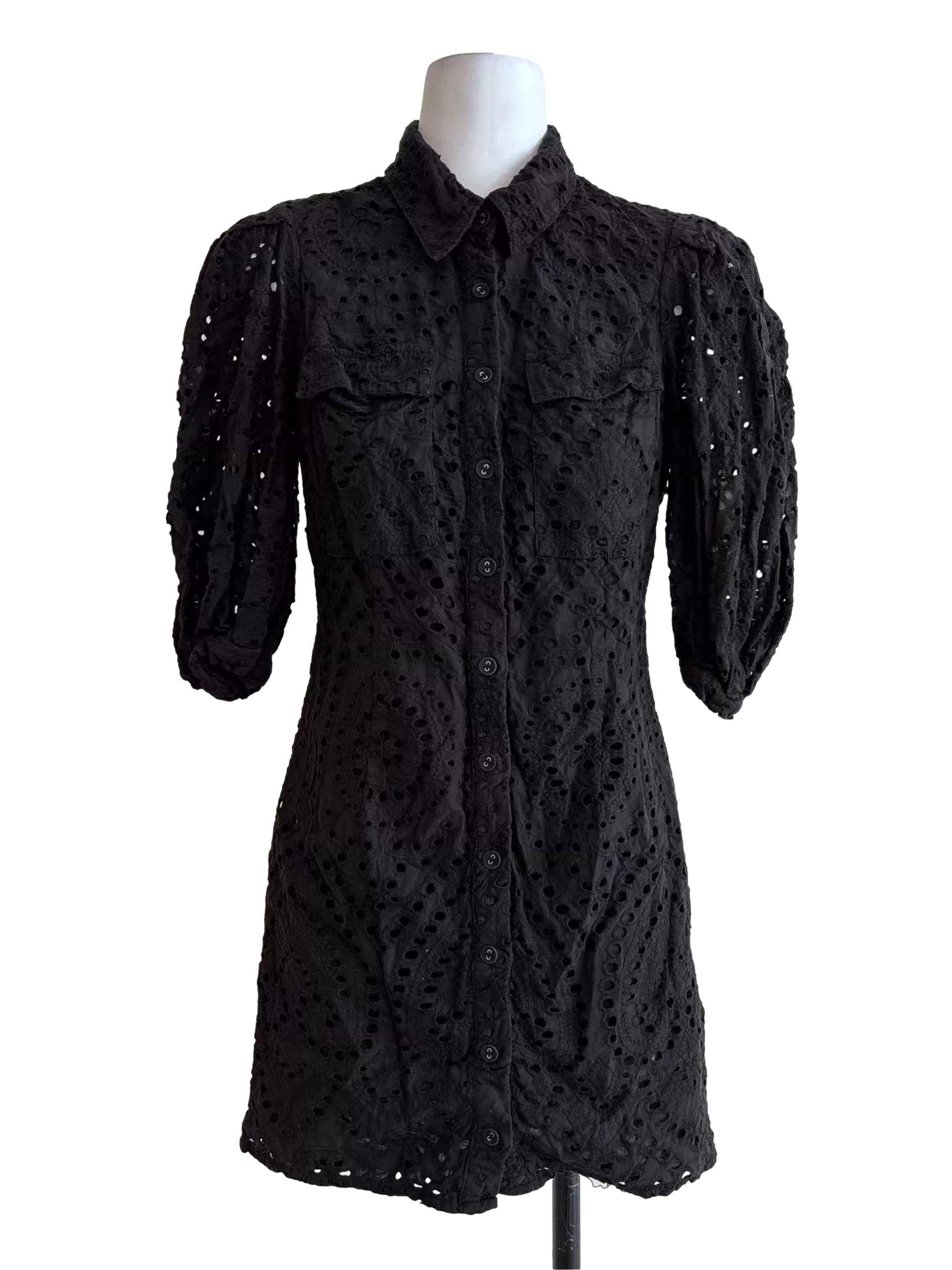 Rich Black Buttoned Cotton Eyelet Dress