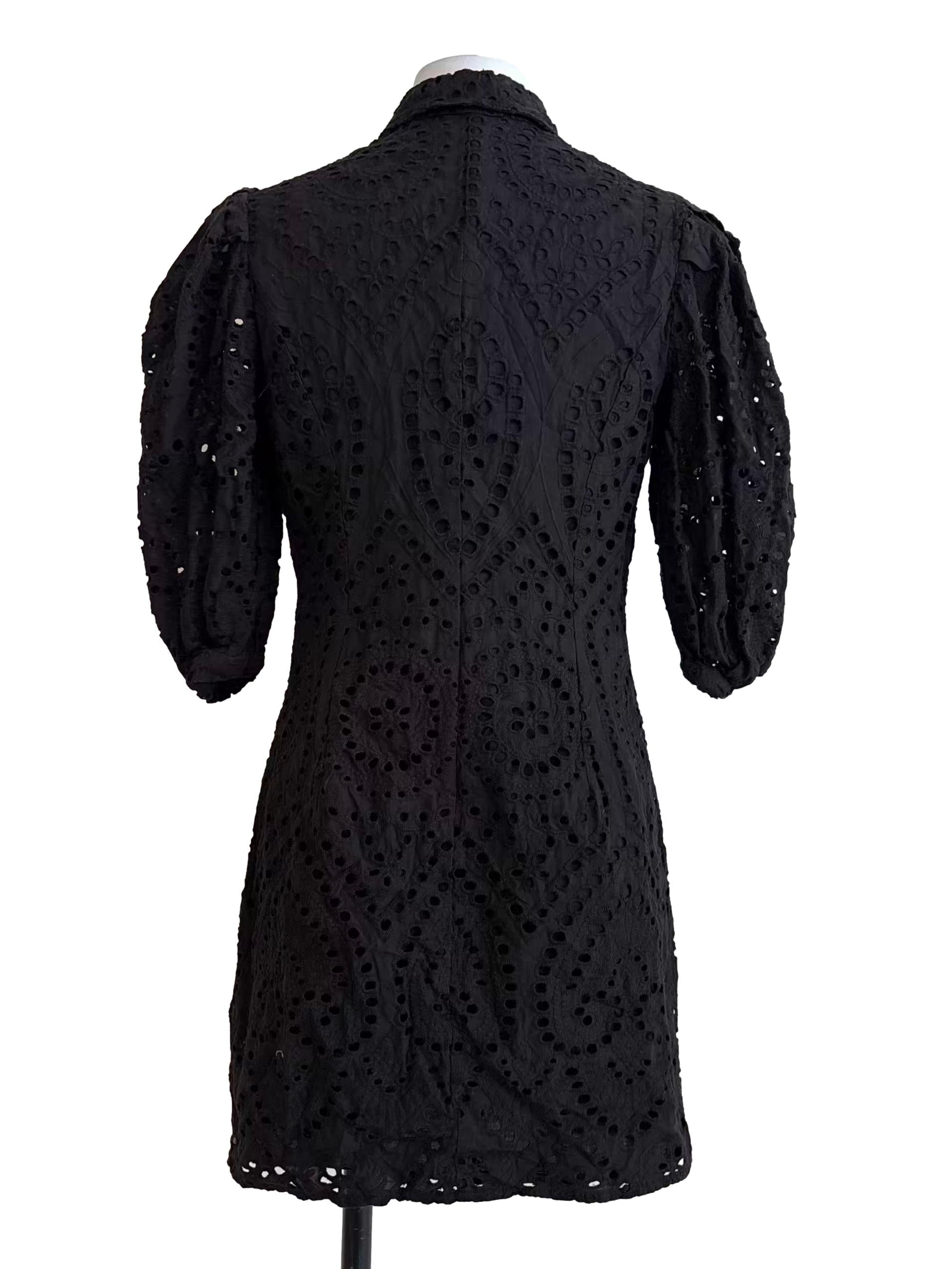 Rich Black Buttoned Cotton Eyelet Dress