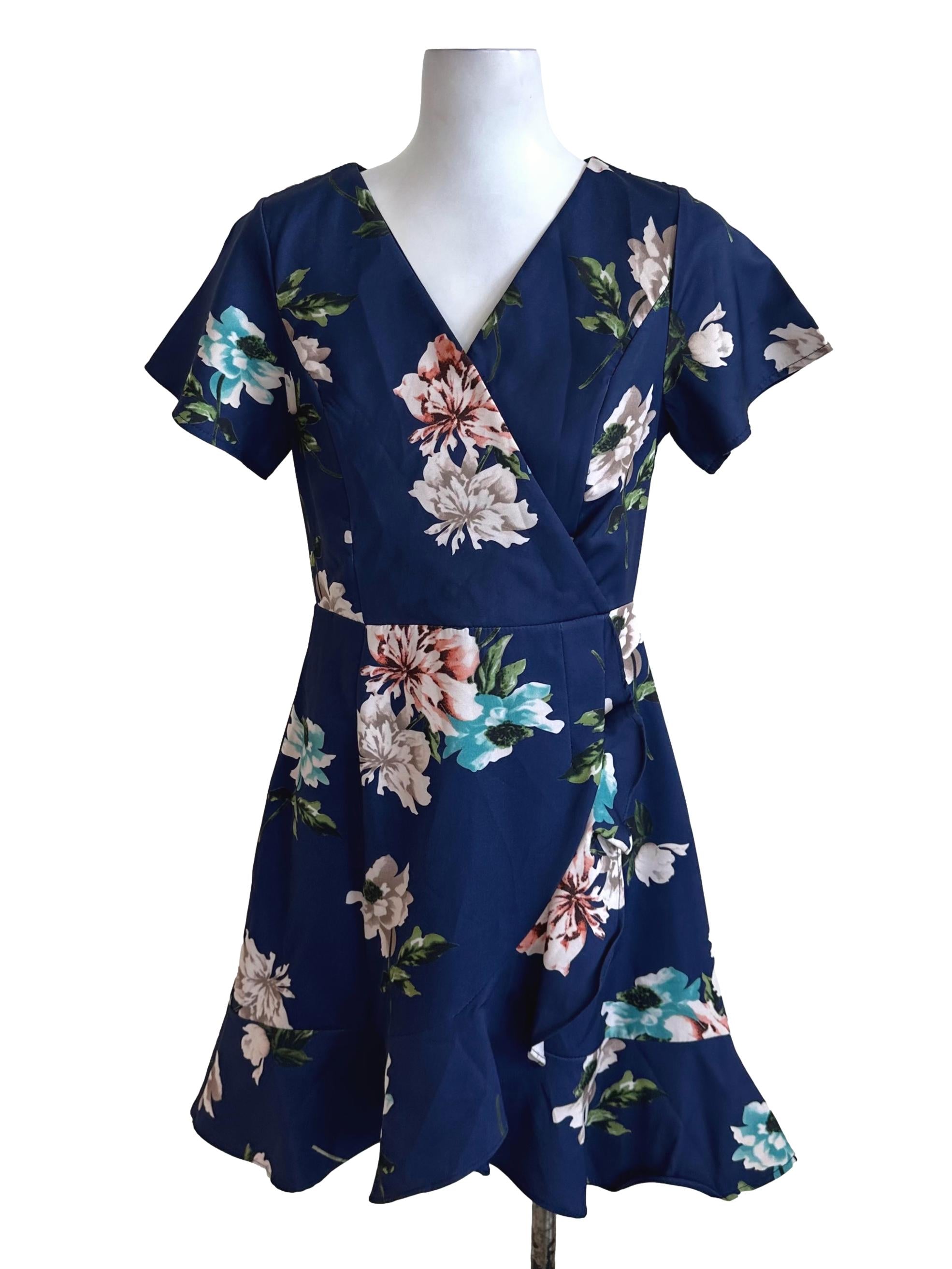 Navy Blue V Neck Floral Dress