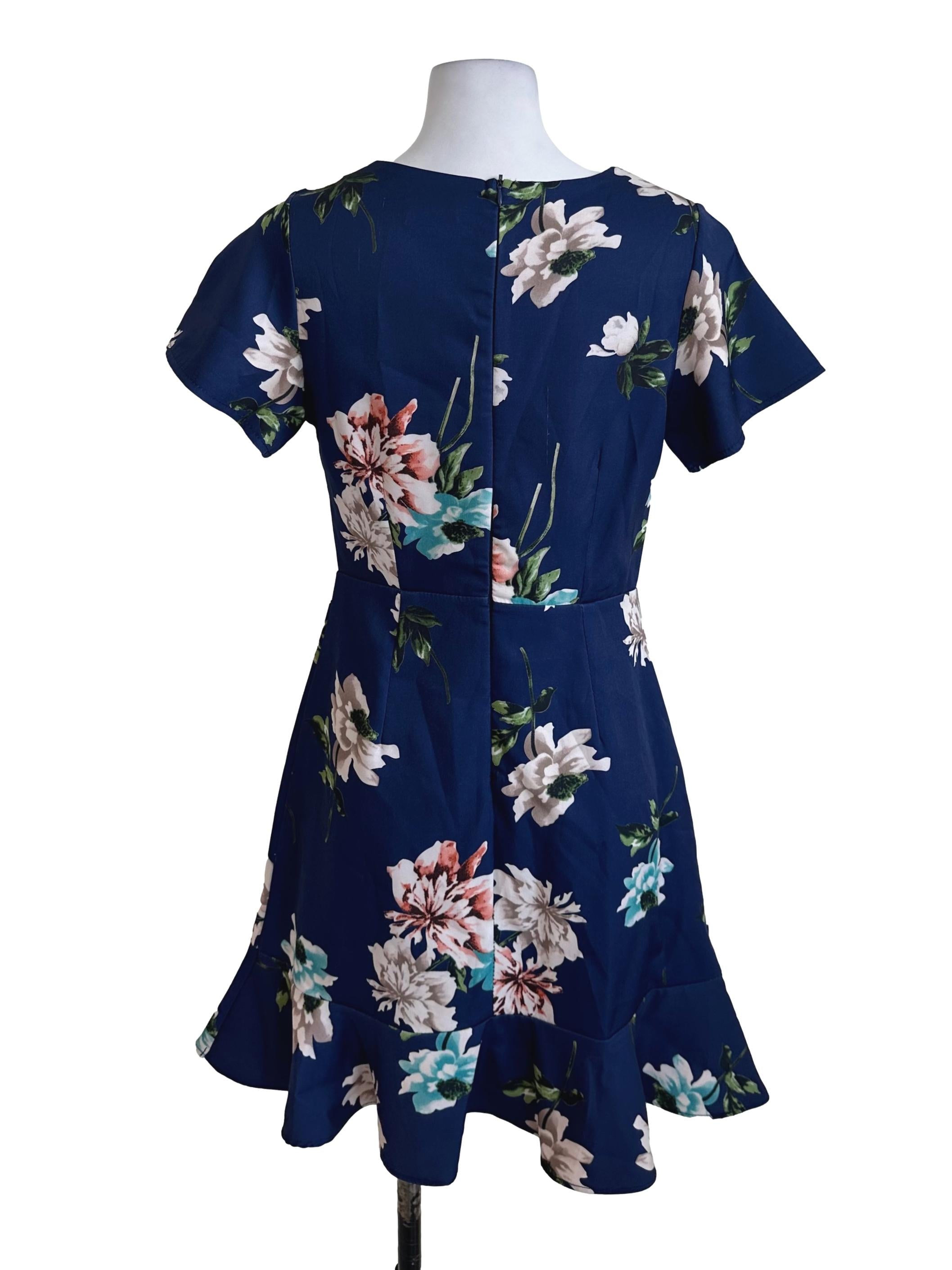 Navy Blue V Neck Floral Dress