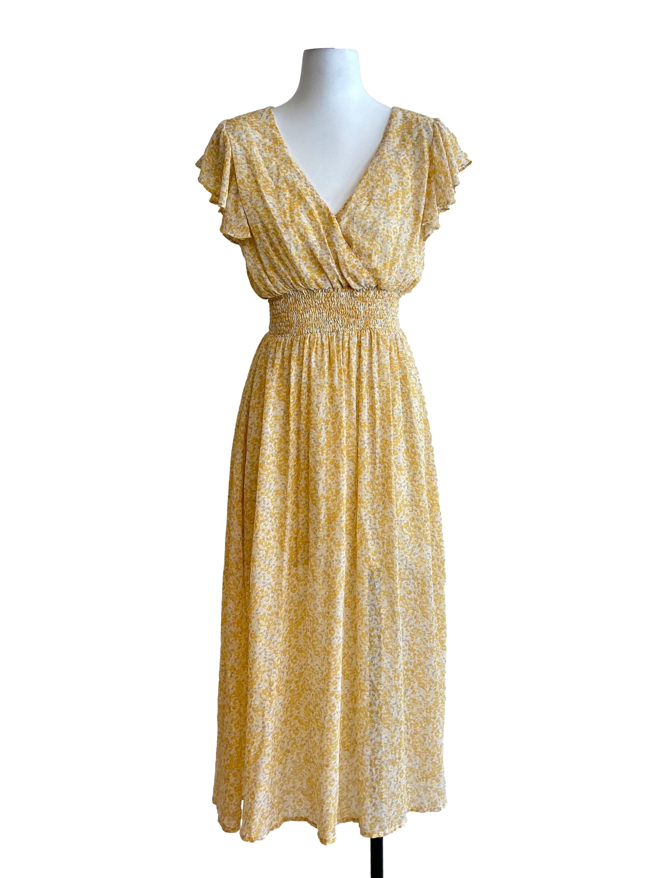 Yellow And White Floral Wrap Midi Dress