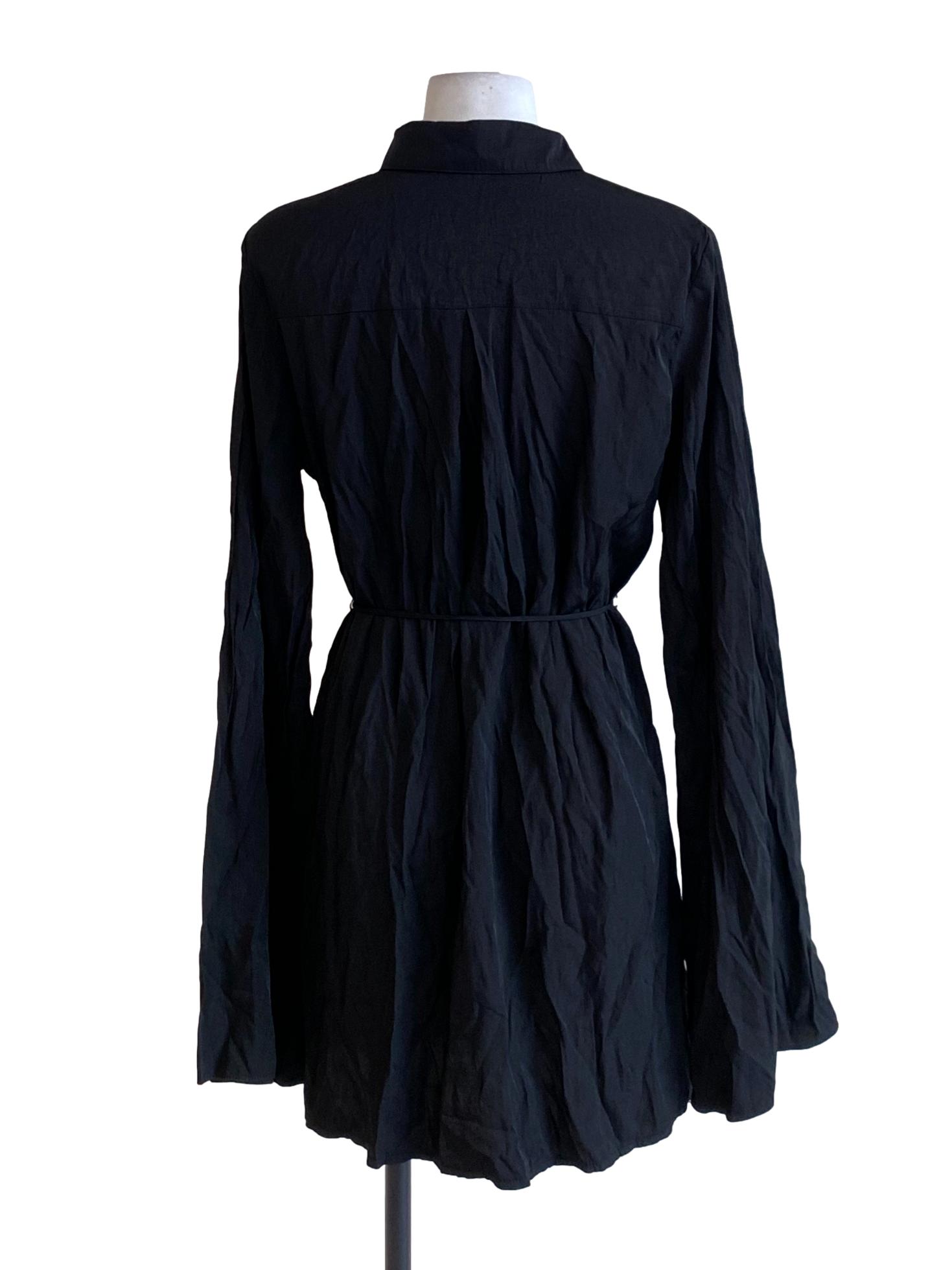 Matte Black Collared Buttoned Down Tie Waist Shirt Blouse
