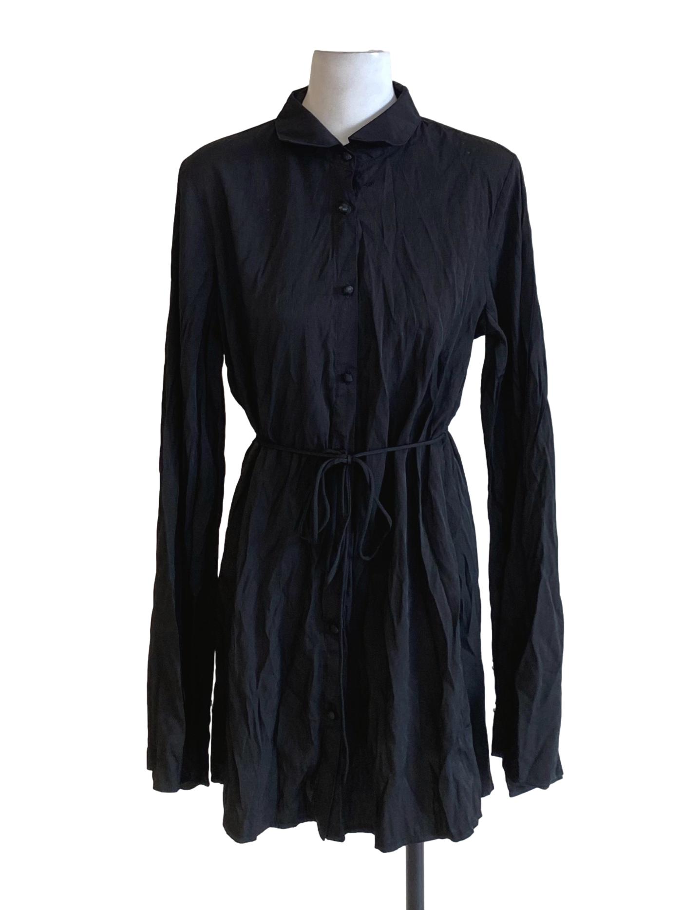 Matte Black Collared Buttoned Down Tie Waist Shirt Blouse