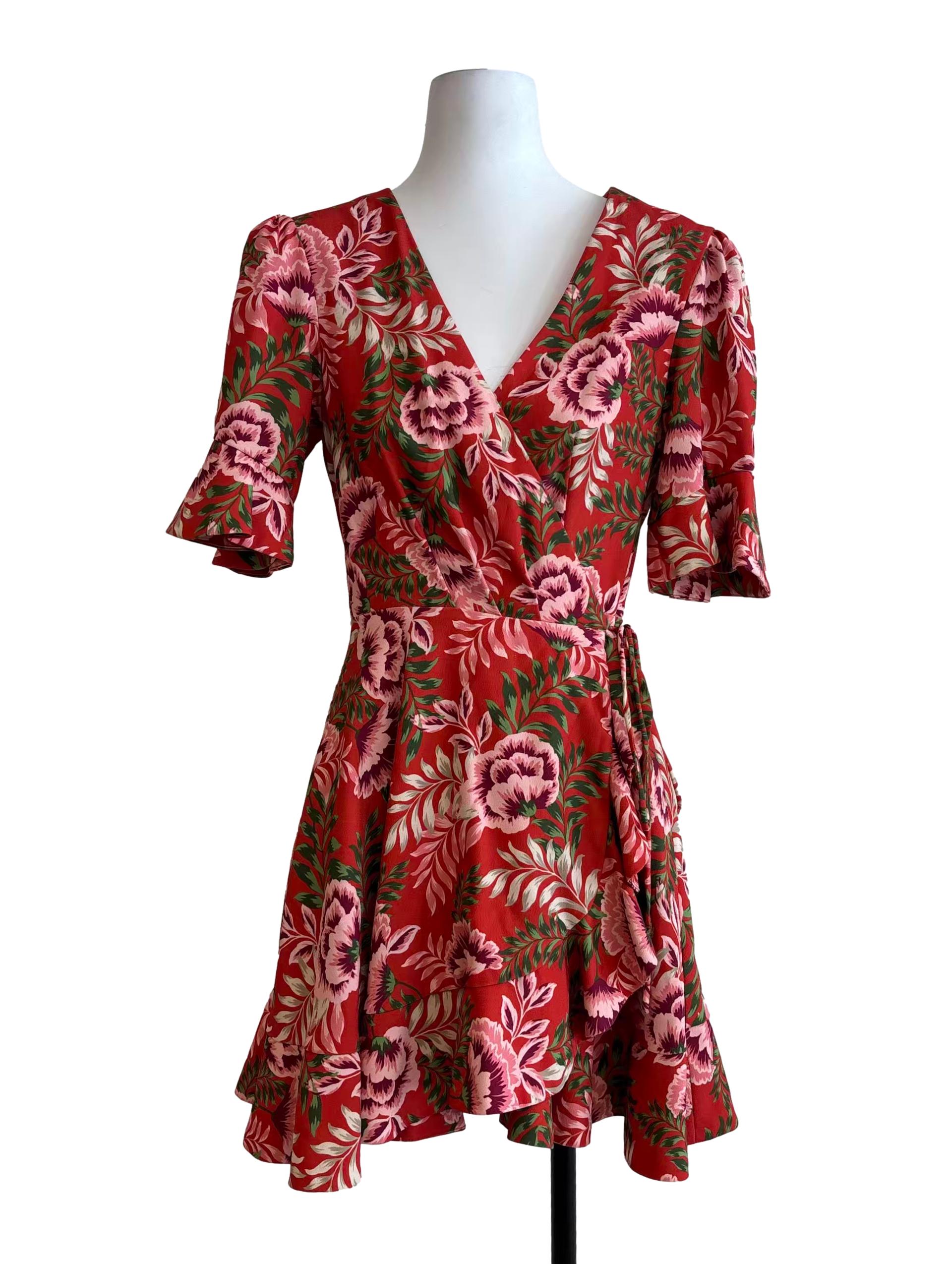 Scarlet Red Floral Wrap Dress