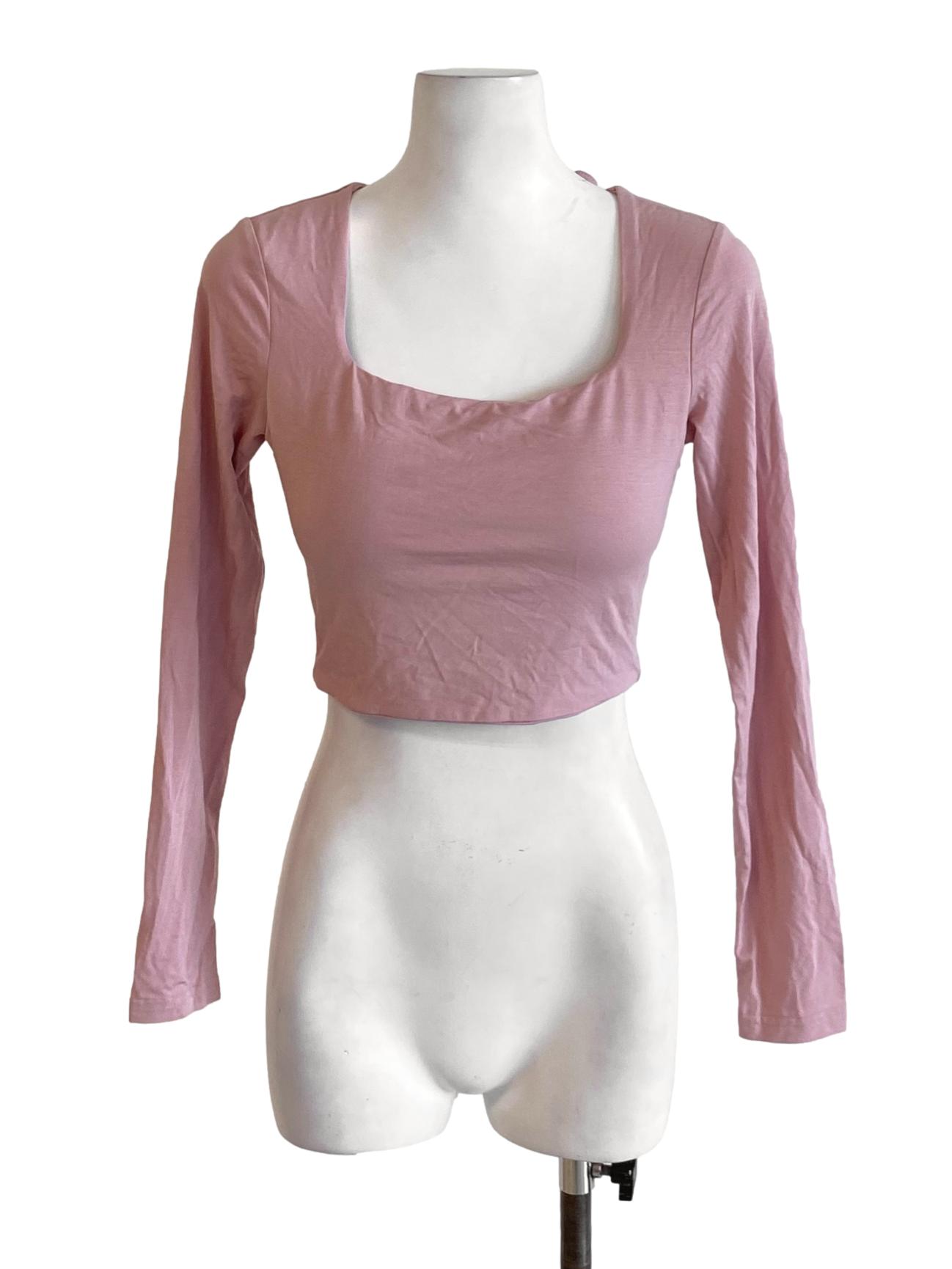 Dusty Pink Square Neck Cut Out Back Long Sleeve Cropped Shirt