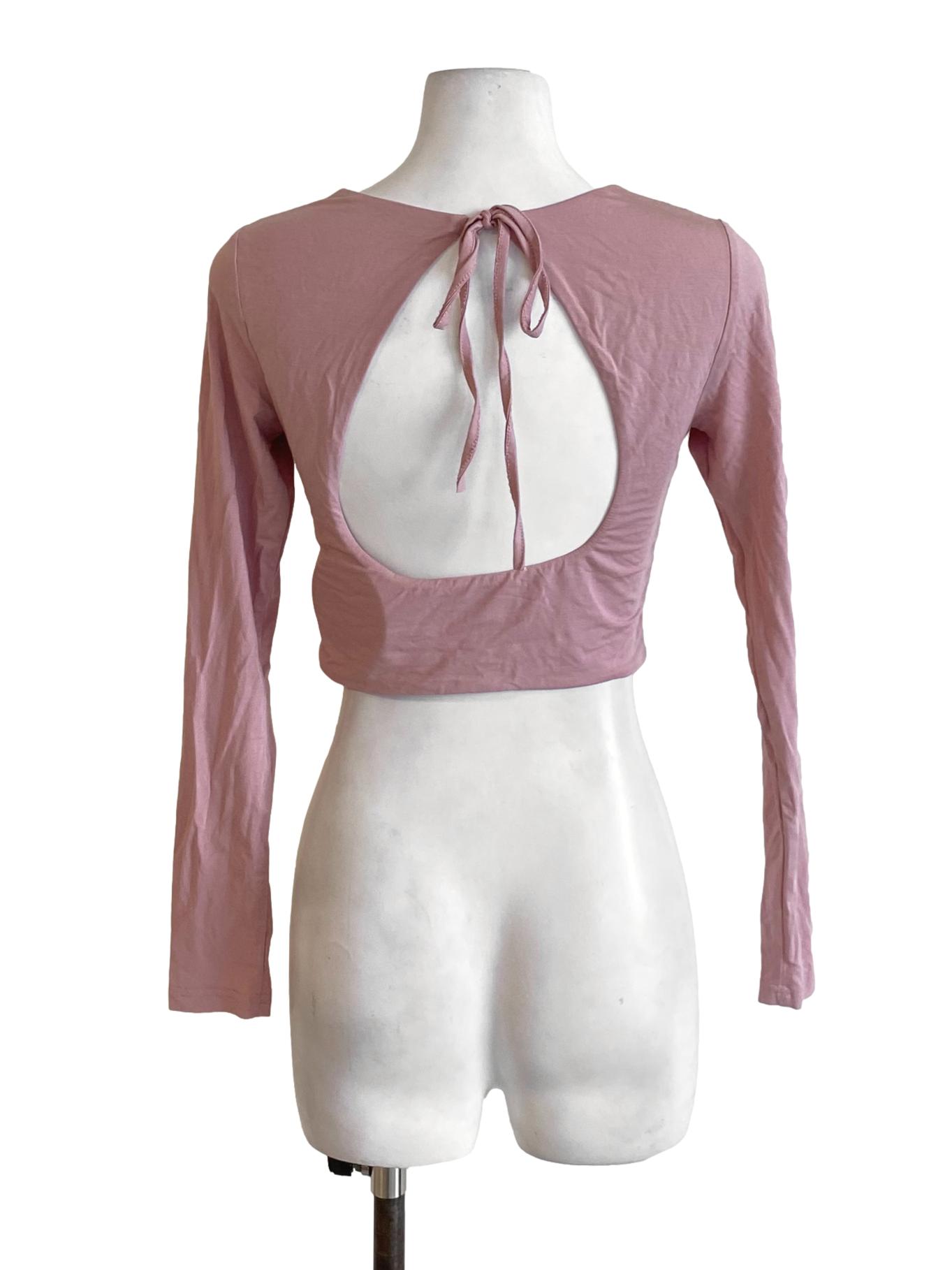 Dusty Pink Square Neck Cut Out Back Long Sleeve Cropped Shirt
