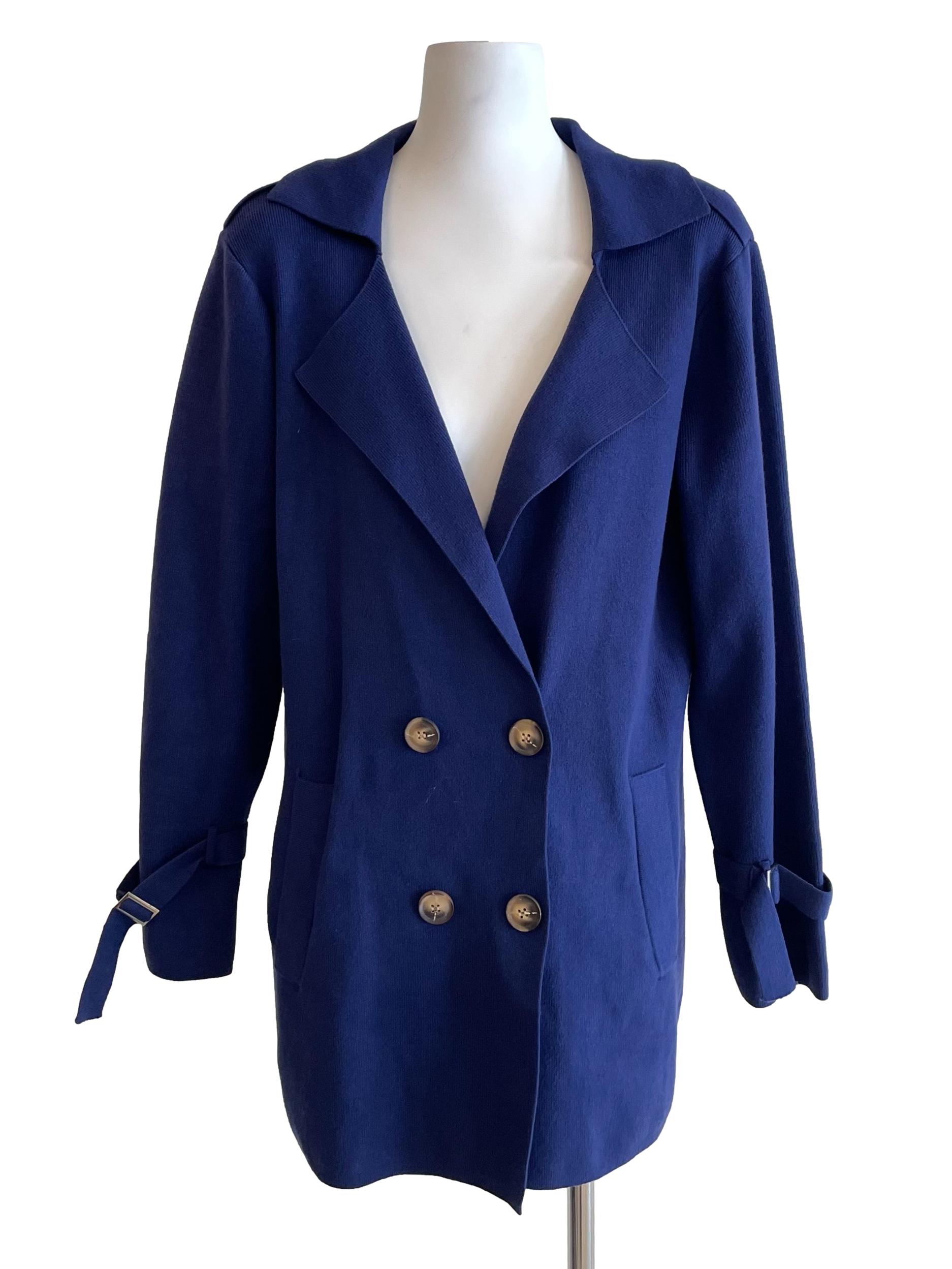 Navy Blue Double Breasted Knit Long Jacket