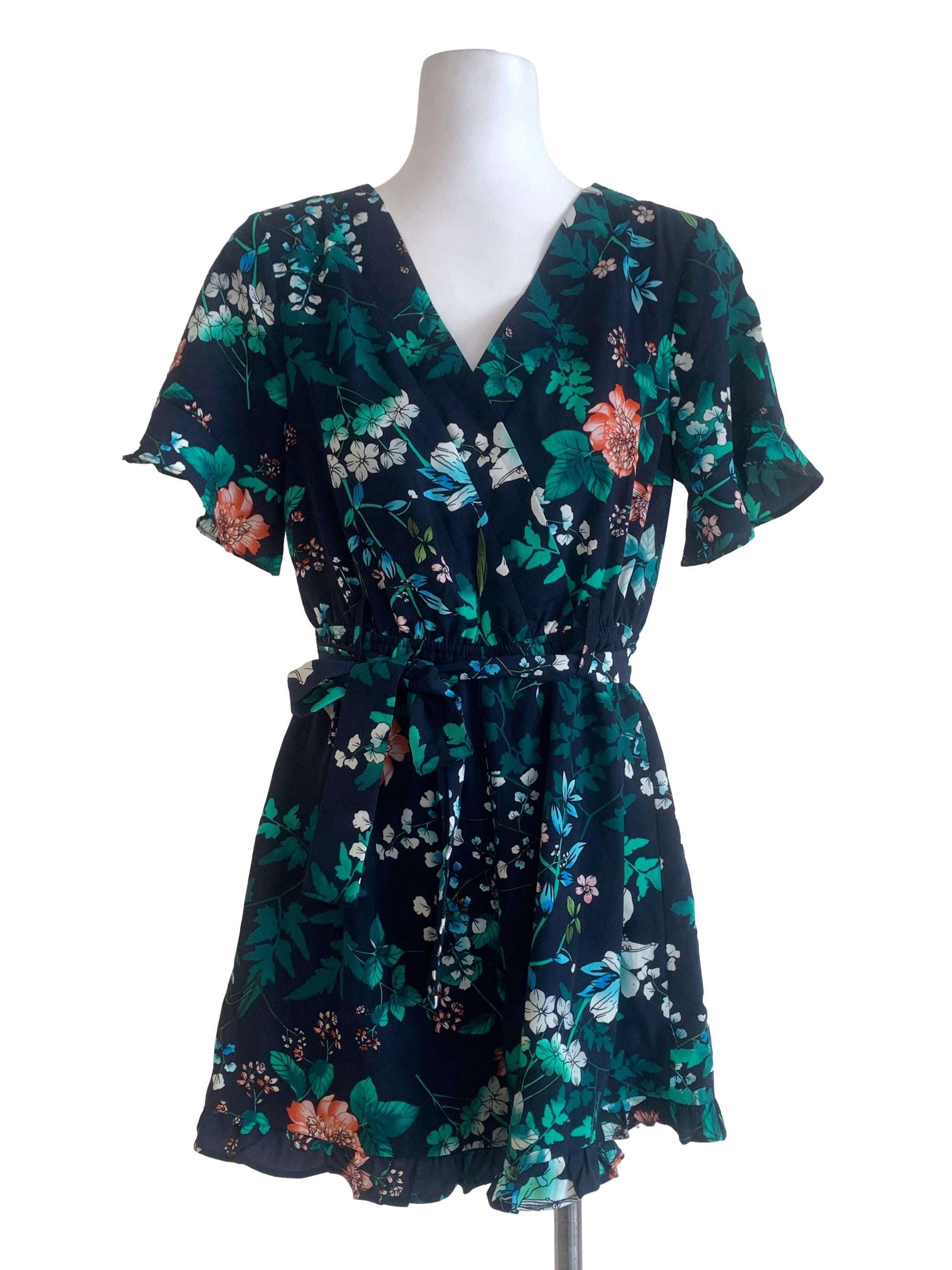 Blue Floral Patterned V-Neck Dres
