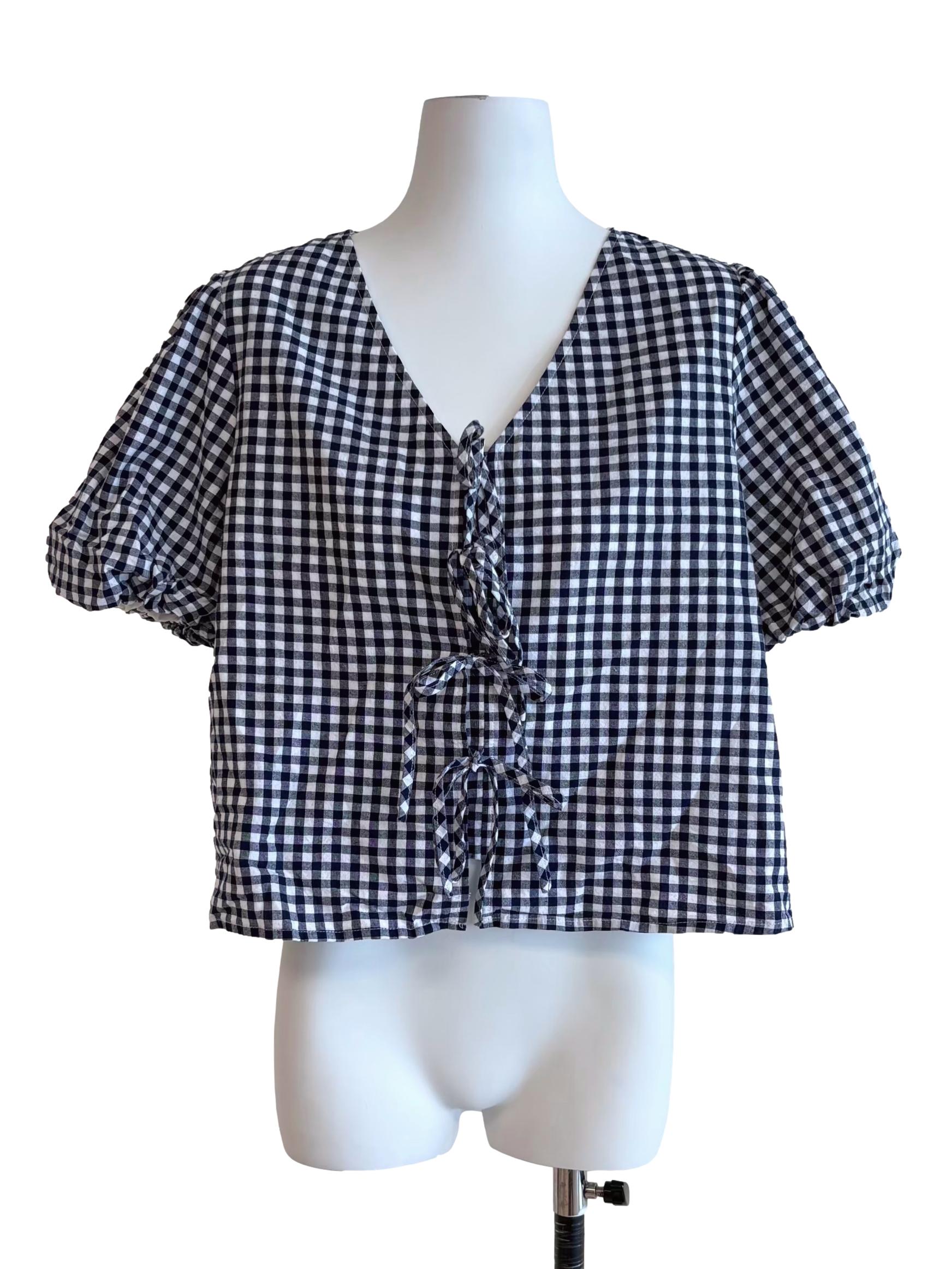 Dark Blue Gingham Tie Front Top