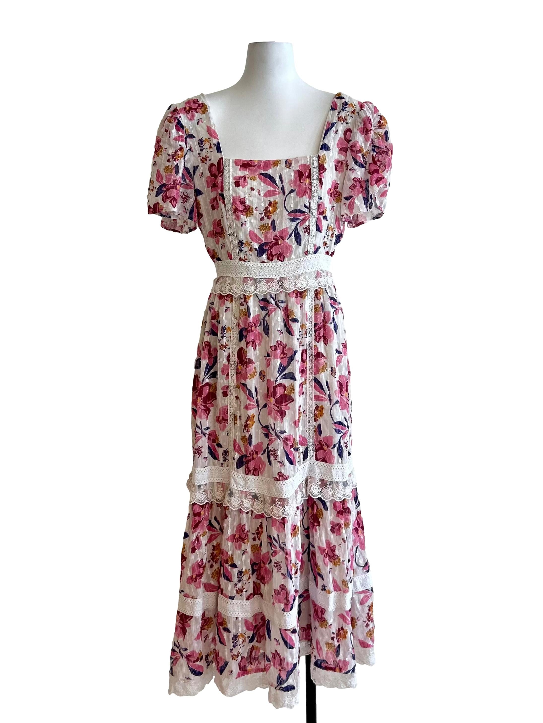 White And Pink Floral Tiered Lace Maxi Dress