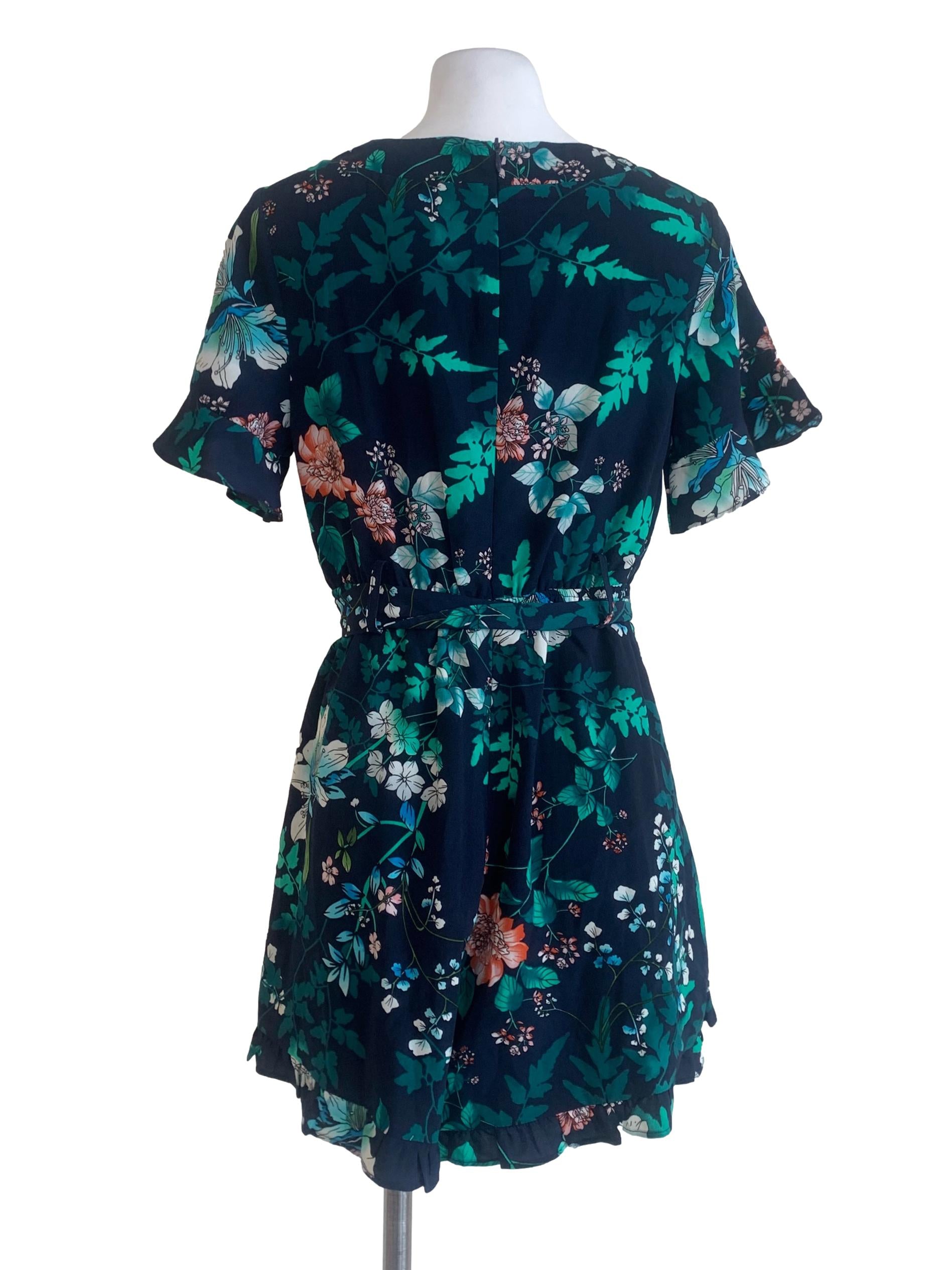 Blue Floral Patterned V-Neck Dres