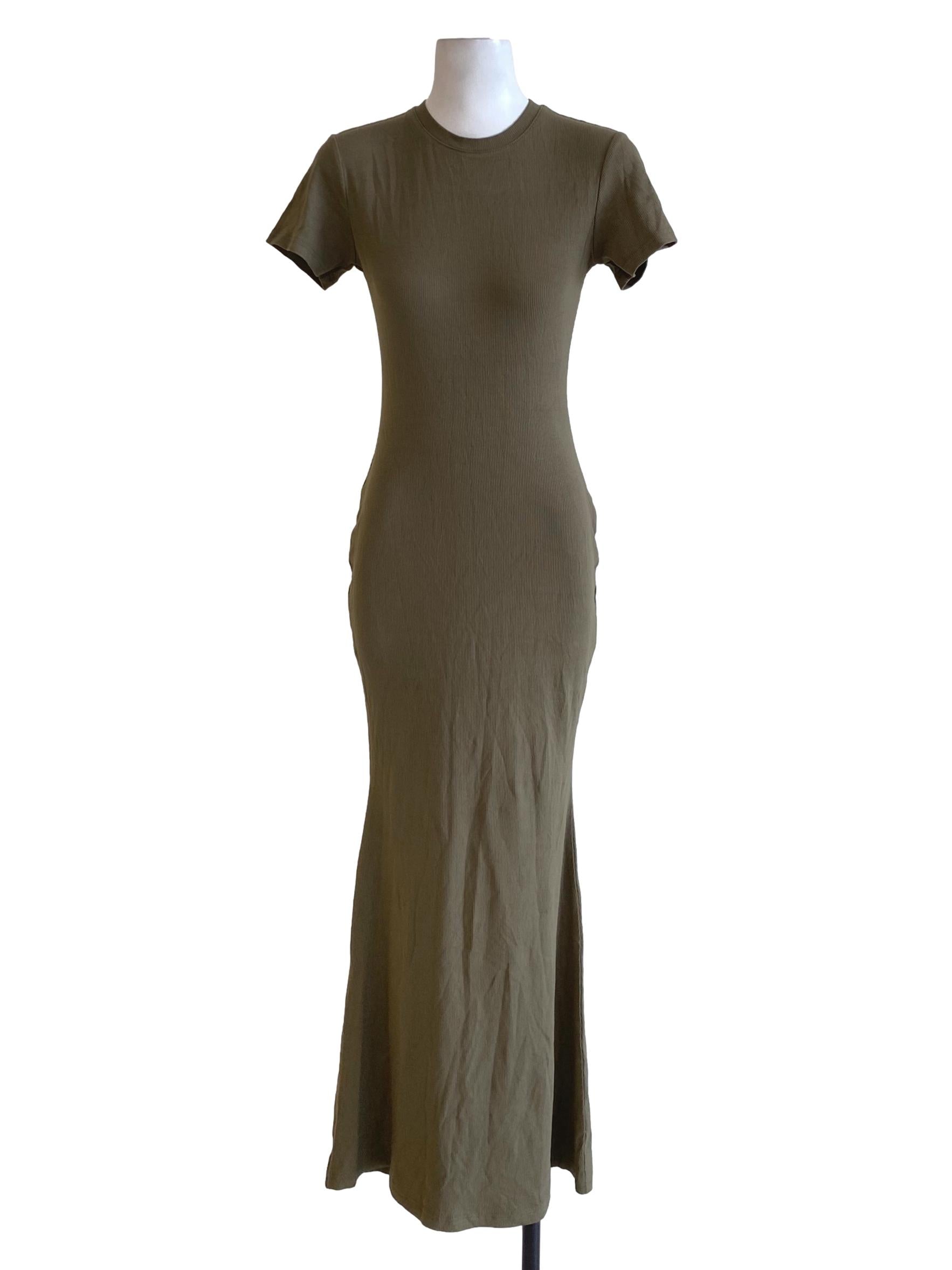 Dark Moss Green Round Neck Short Sleeve Bodycon Shirt Dress YHF