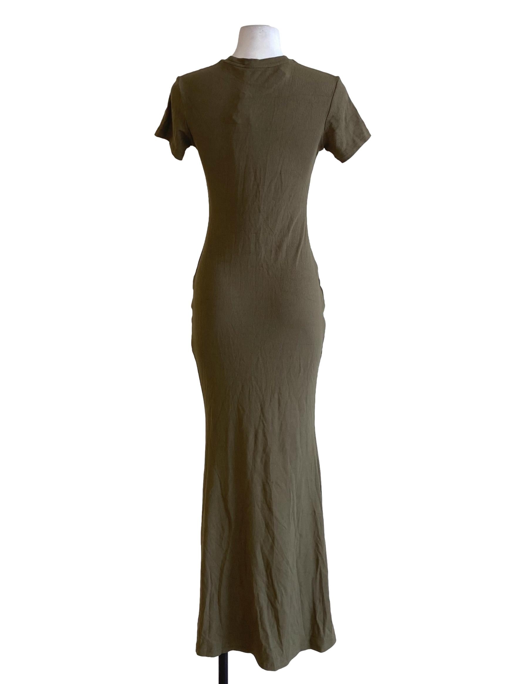 Dark Moss Green Round Neck Short Sleeve Bodycon Shirt Dress YHF