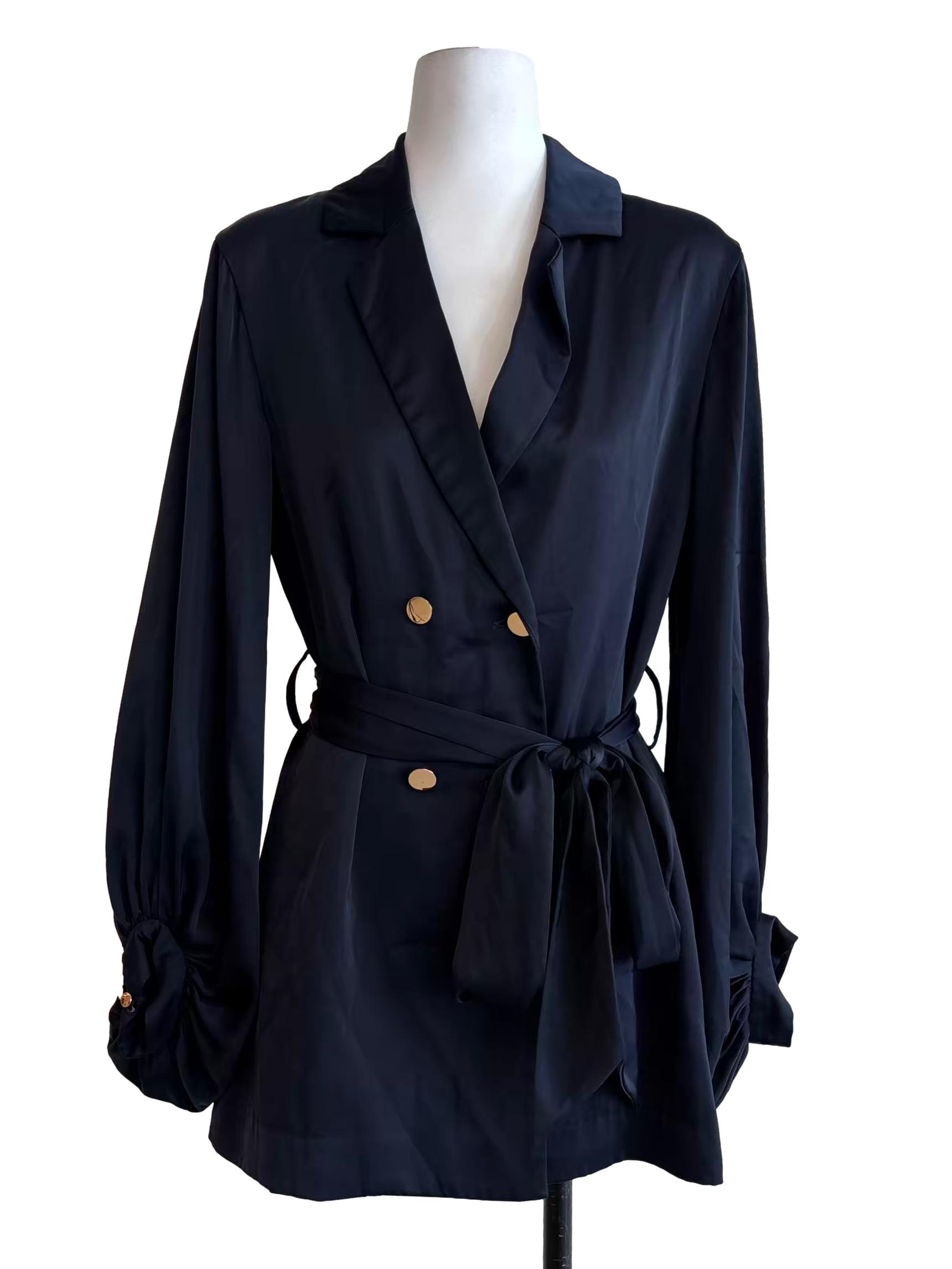 Midnight Blue Buttoned Satin Outerwear