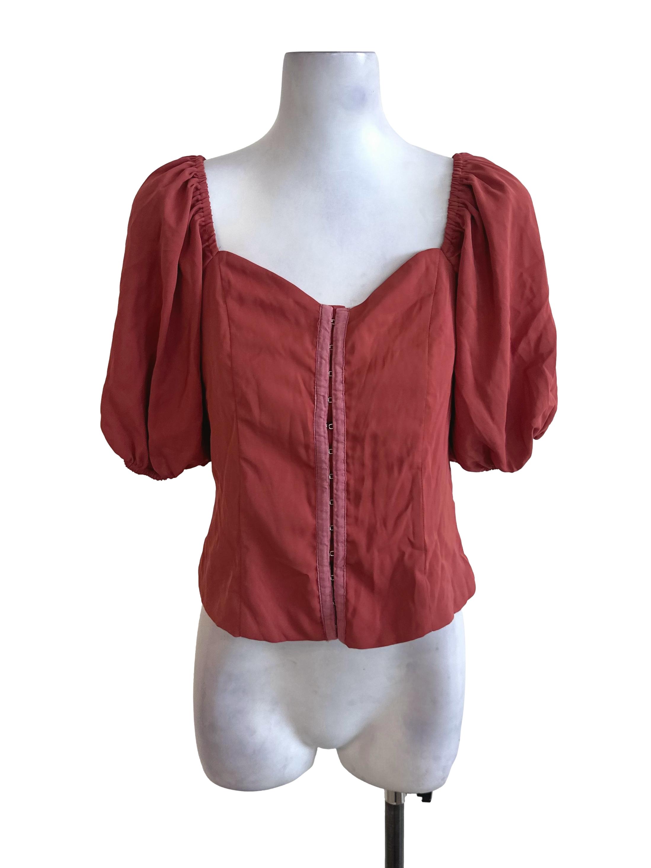 Brick Red Puff Sleeve Casual Blouse