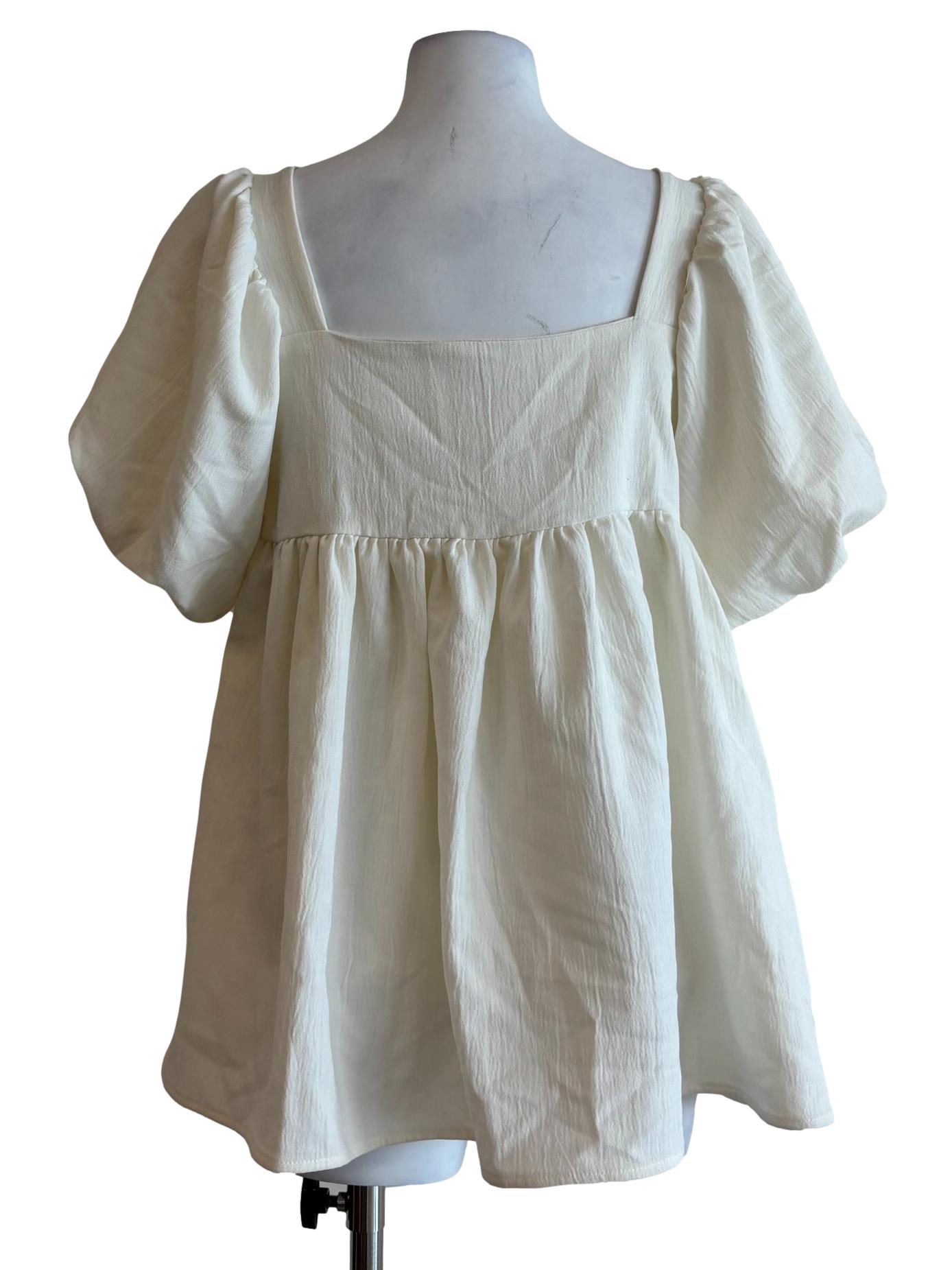 Rice White Puff Sleeve Square Neck Blouse