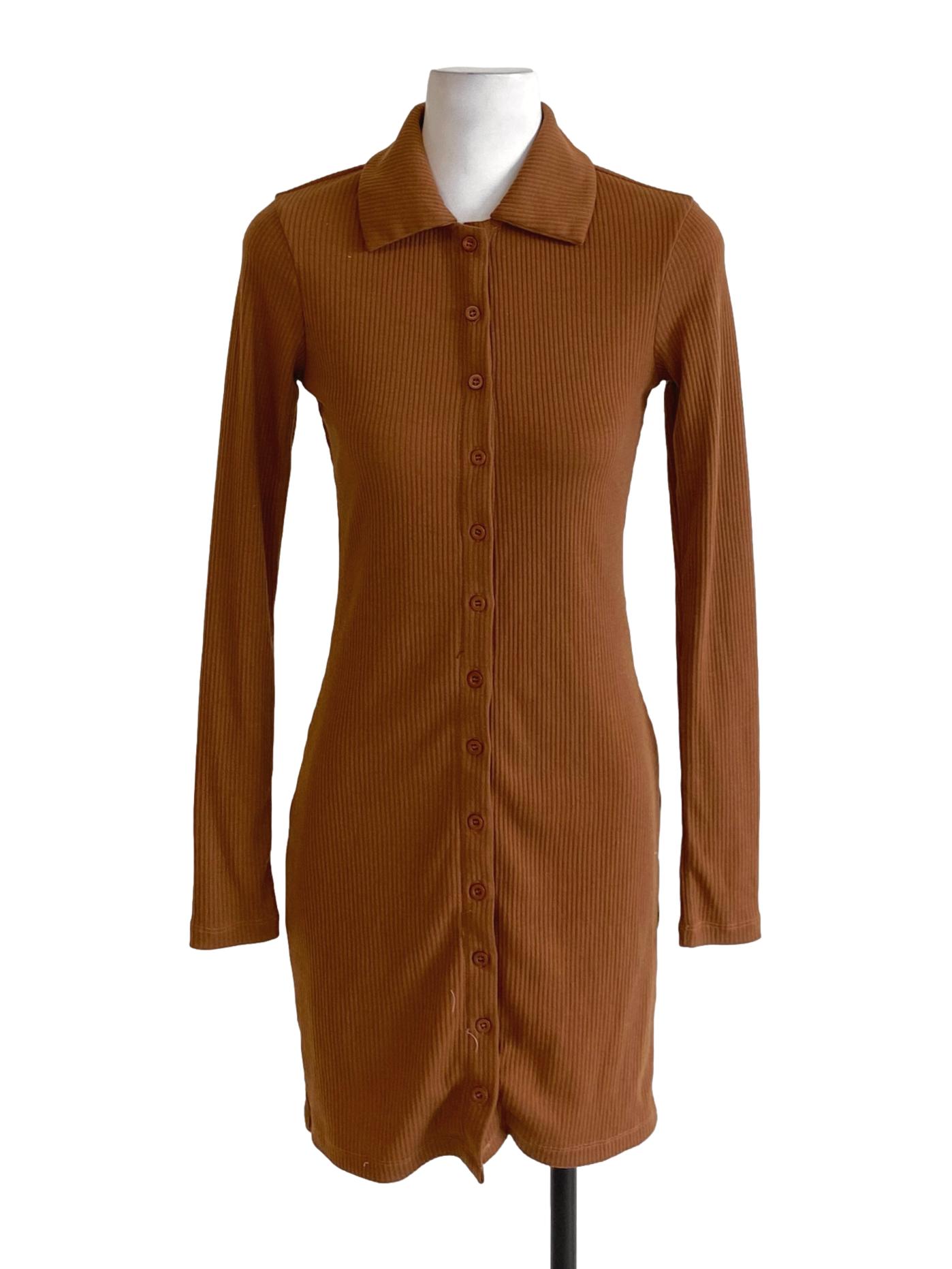 Caramel Brown Knitted Buttoned Down Collared Bodycon Shirt Dress