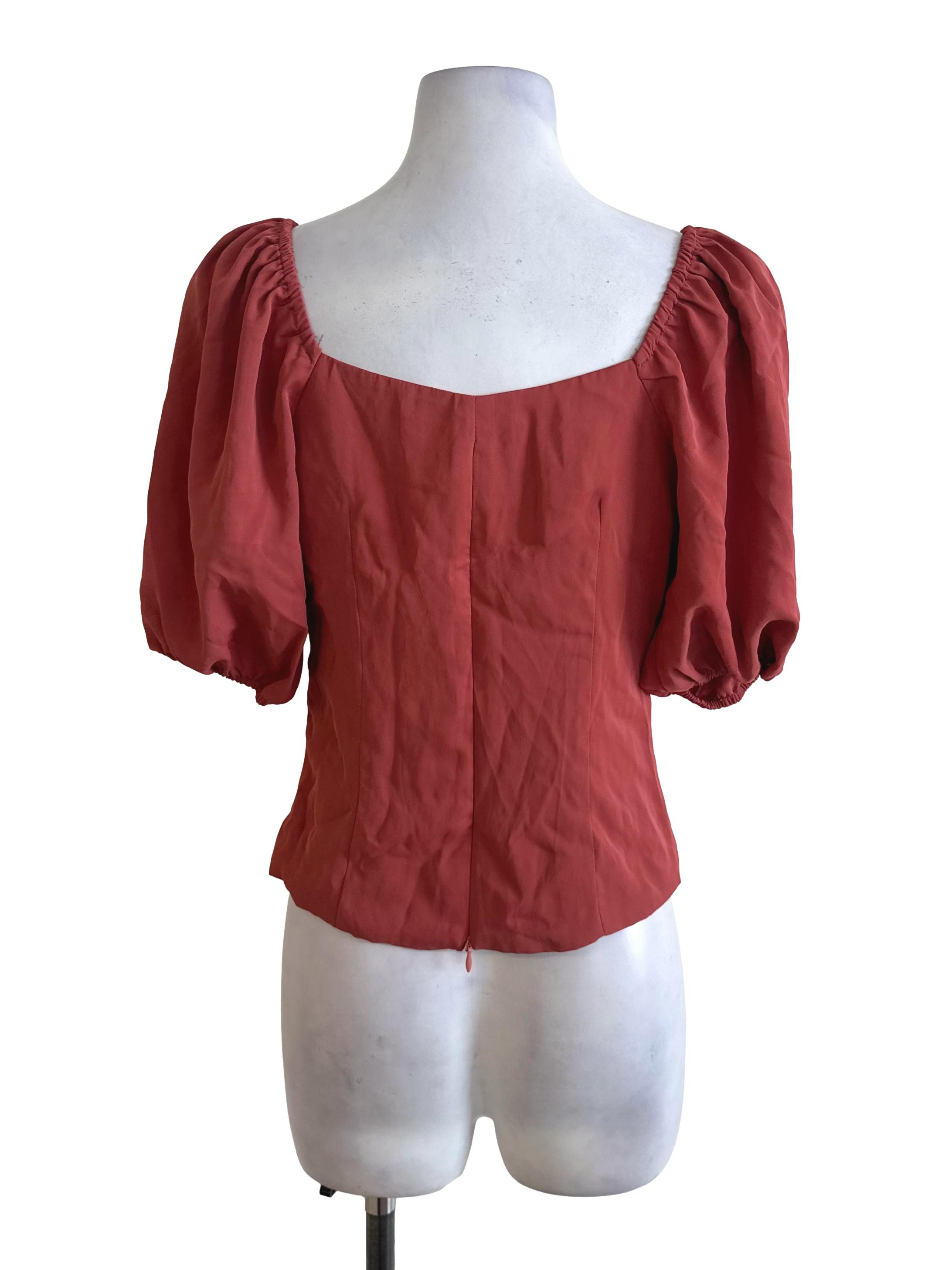 Brick Red Puff Sleeve Casual Blouse