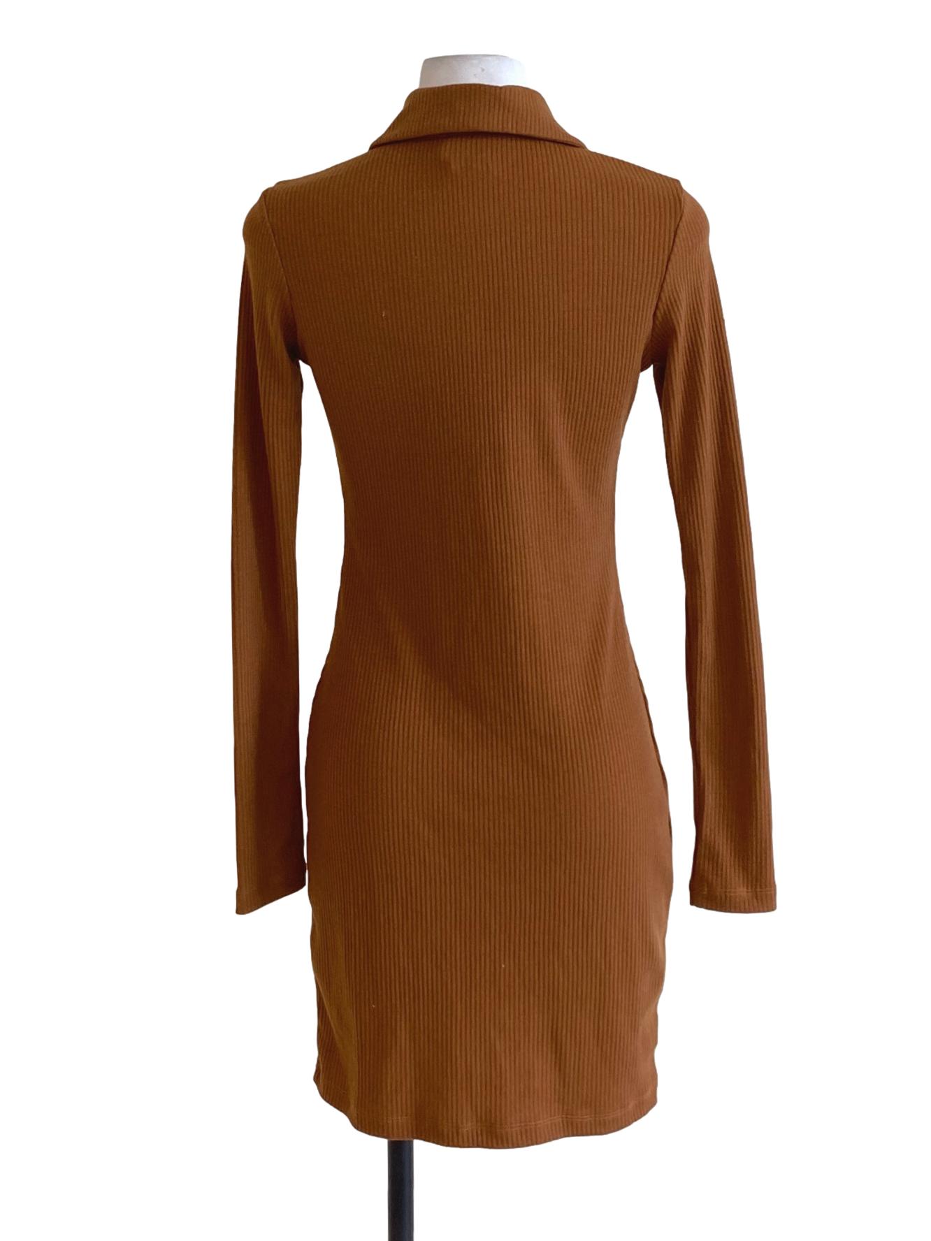 Caramel Brown Knitted Buttoned Down Collared Bodycon Shirt Dress