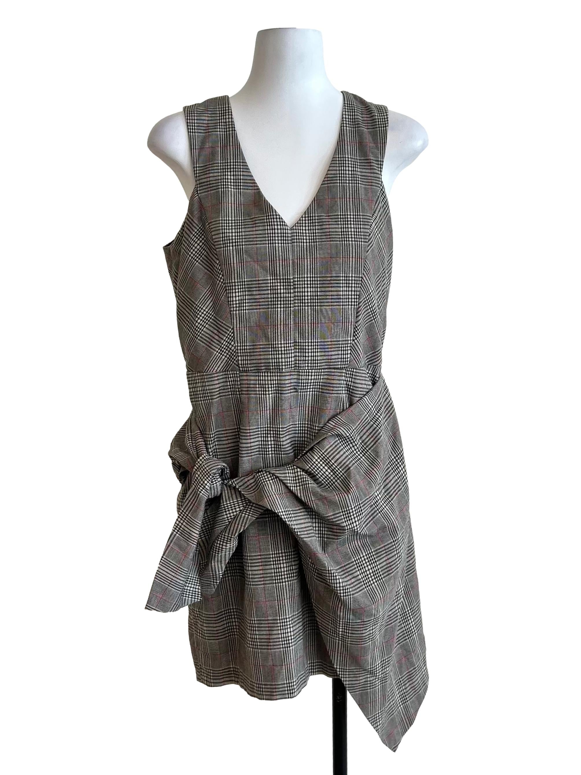 Grey Plaid V-Neck Sleeveless Mini Dress