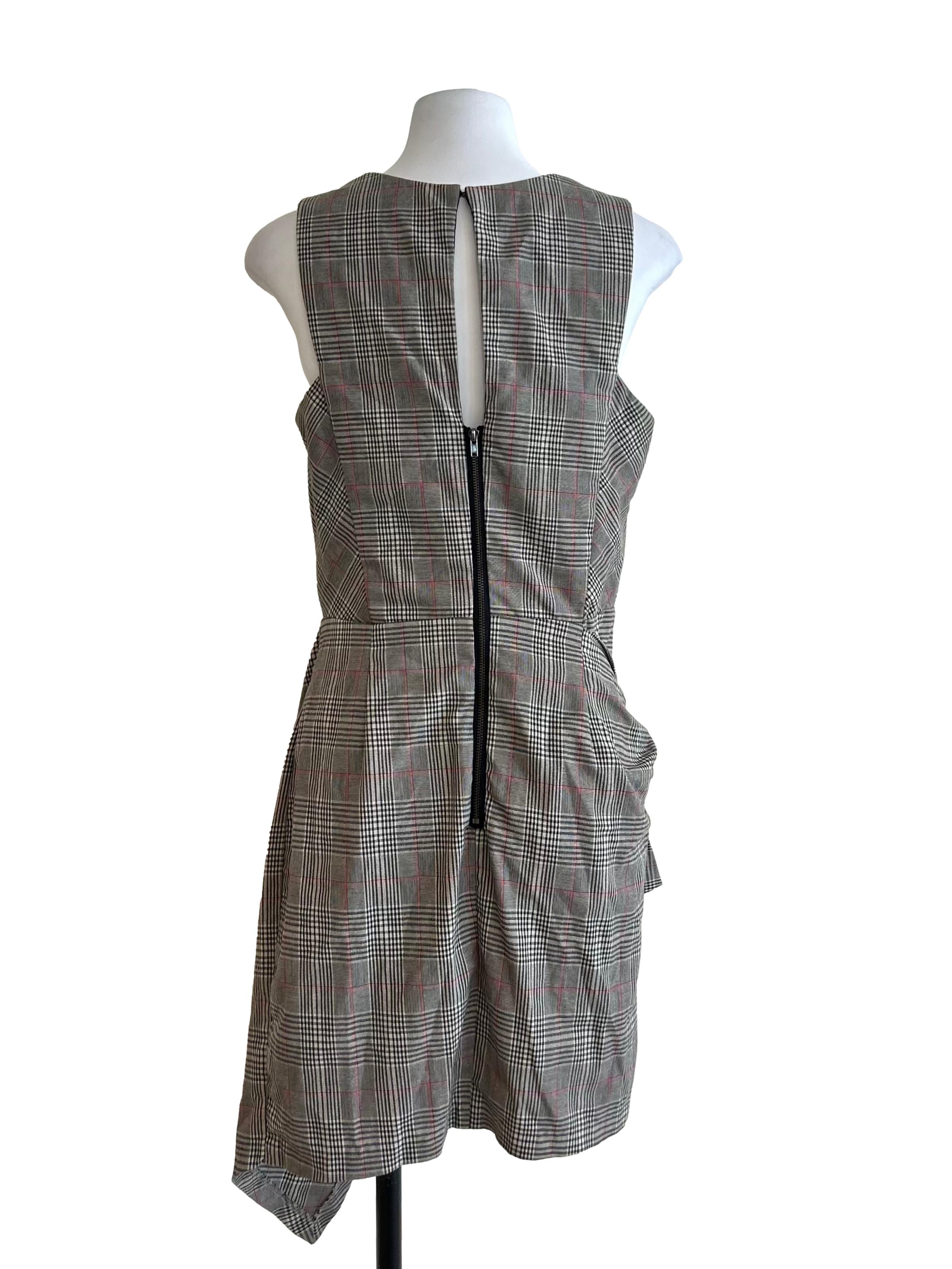 Grey Plaid V-Neck Sleeveless Mini Dress