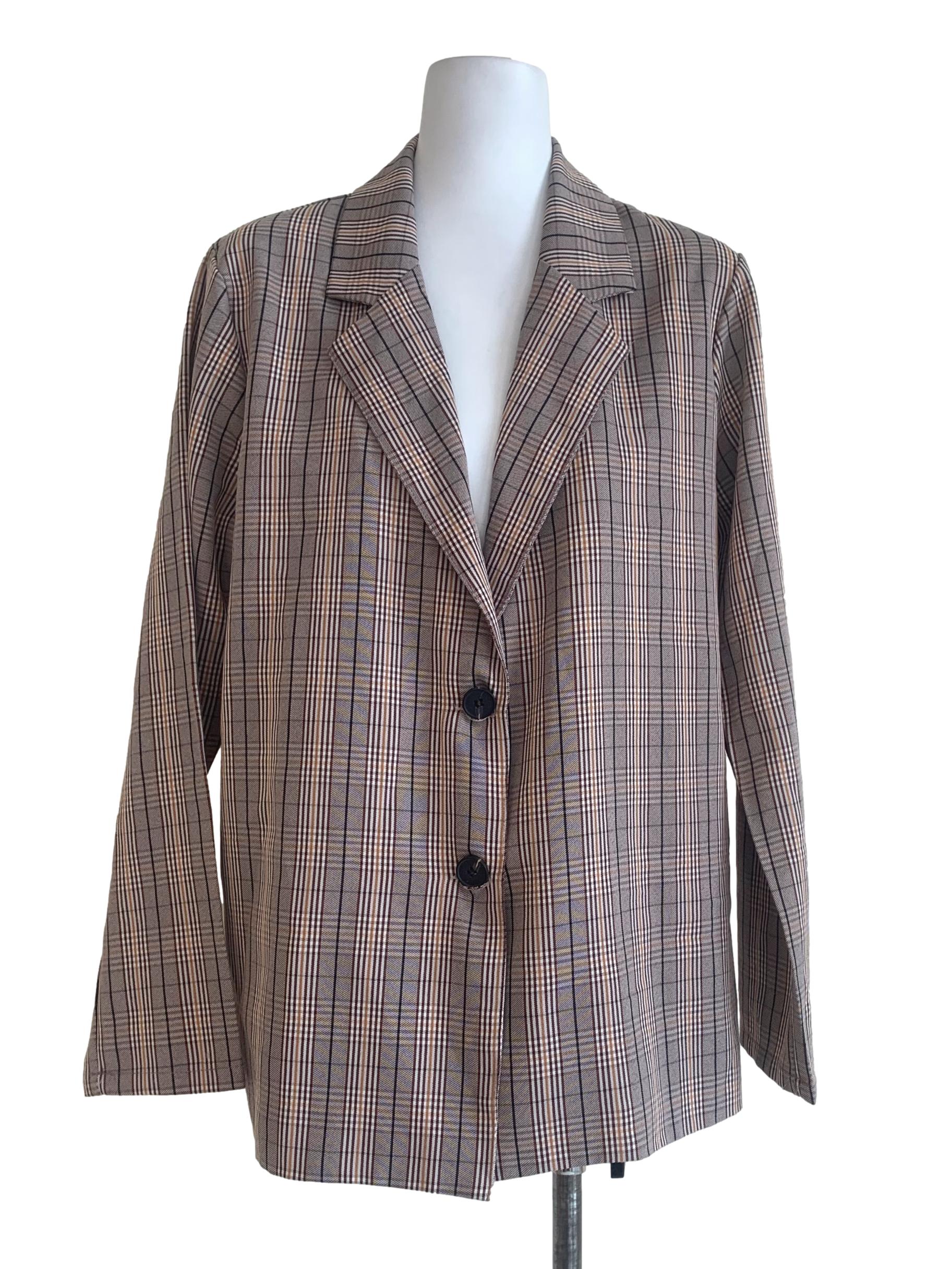 Peanut Brown Madras Patterned Blazer
