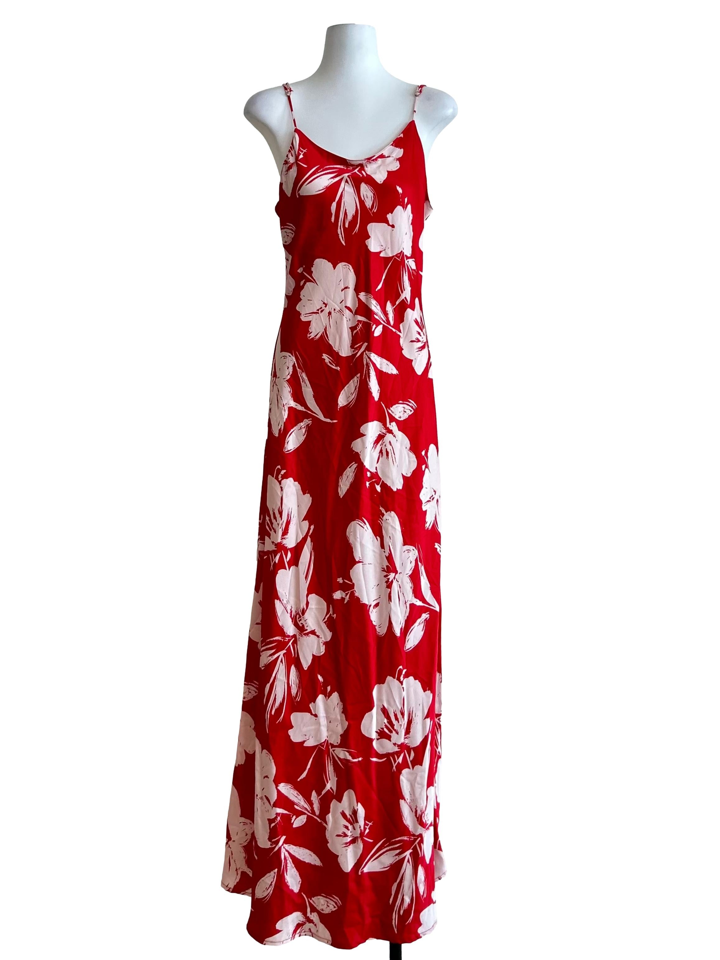 Cherry Red Floral Camisole Slip Maxi Dress