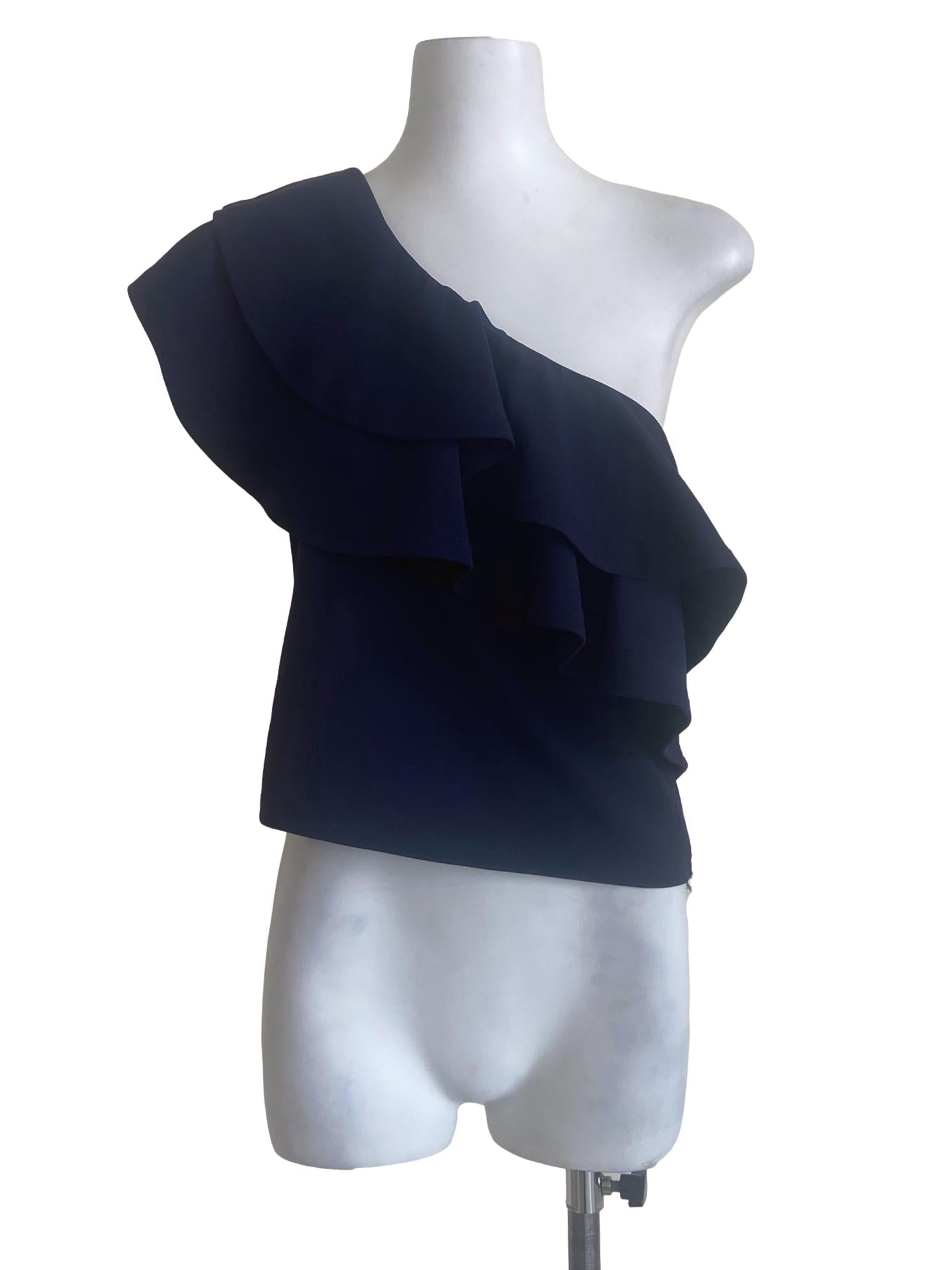 Navy  Blue One Asymmetric Ruffle Blouse