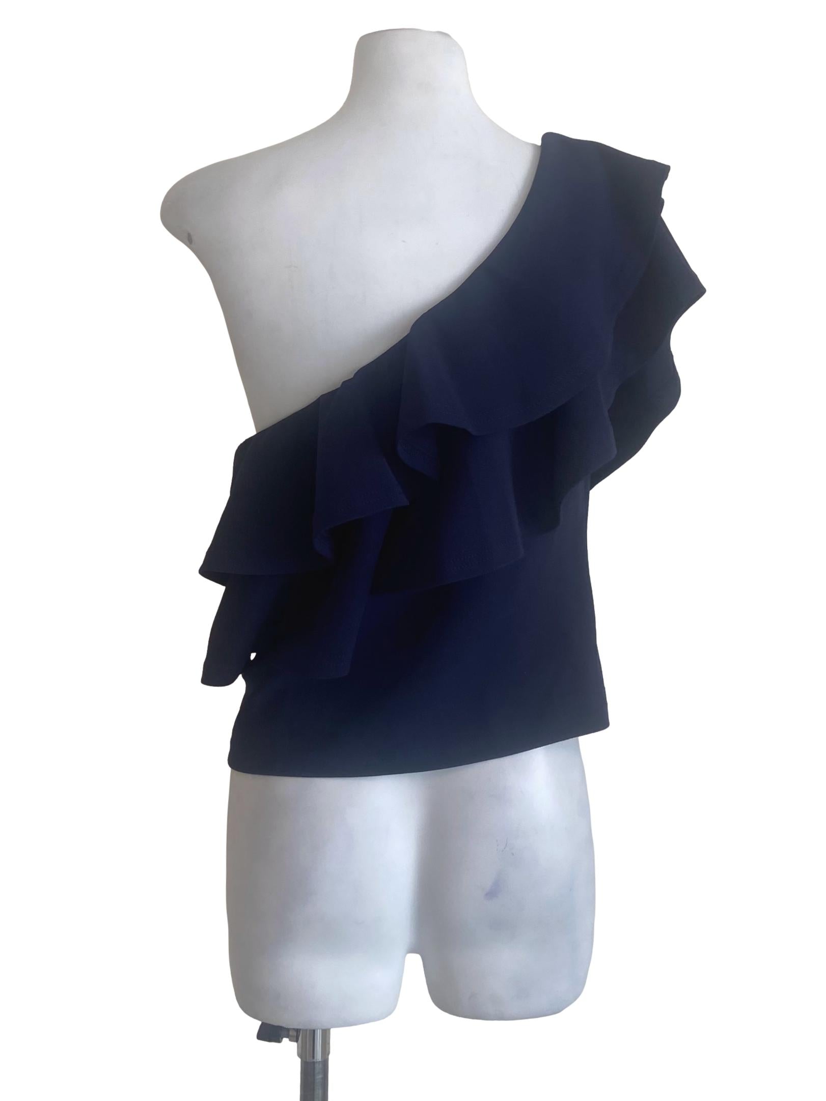 Navy  Blue One Asymmetric Ruffle Blouse