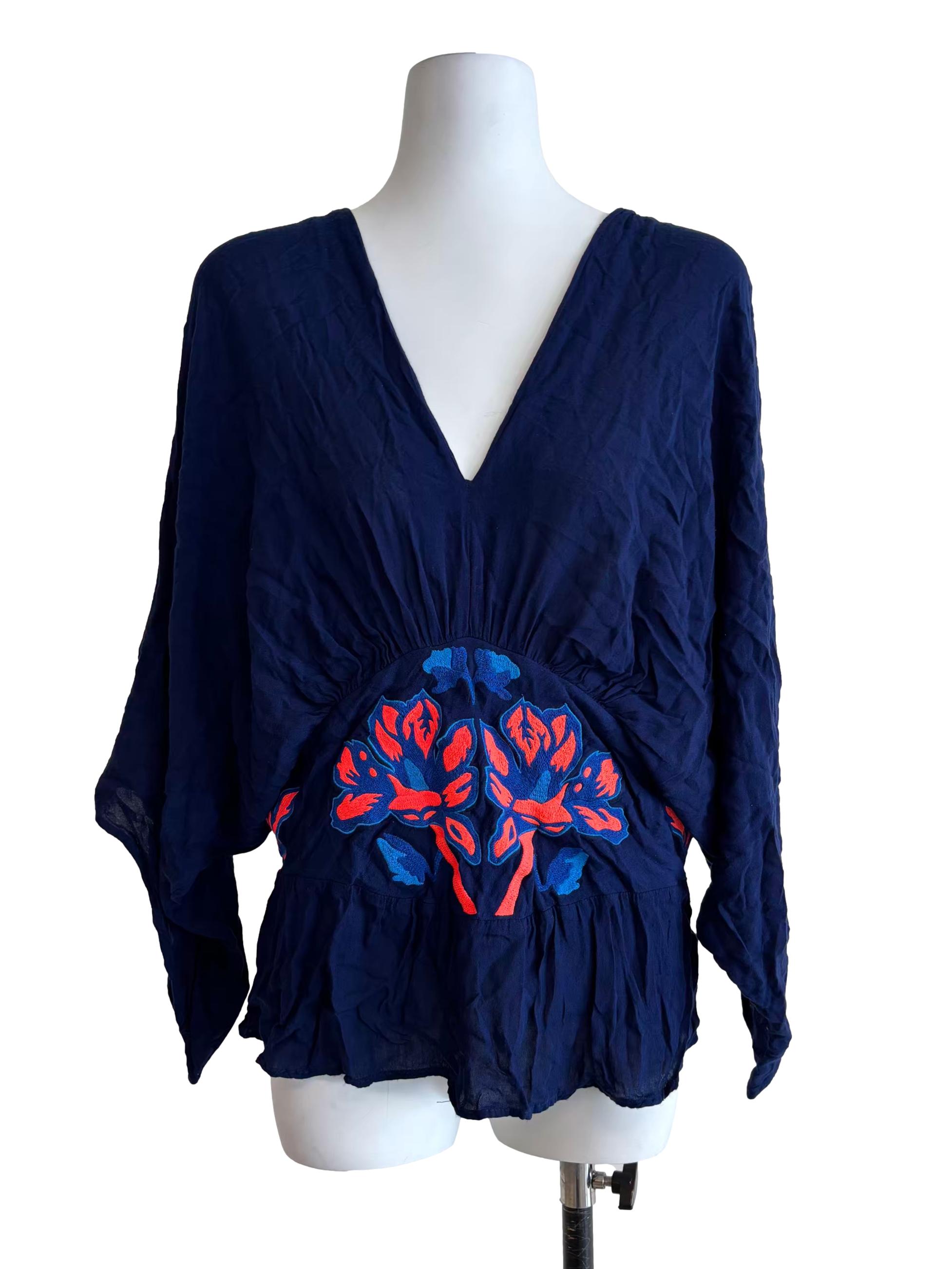 Navy Blue Batwing Embroidered Top