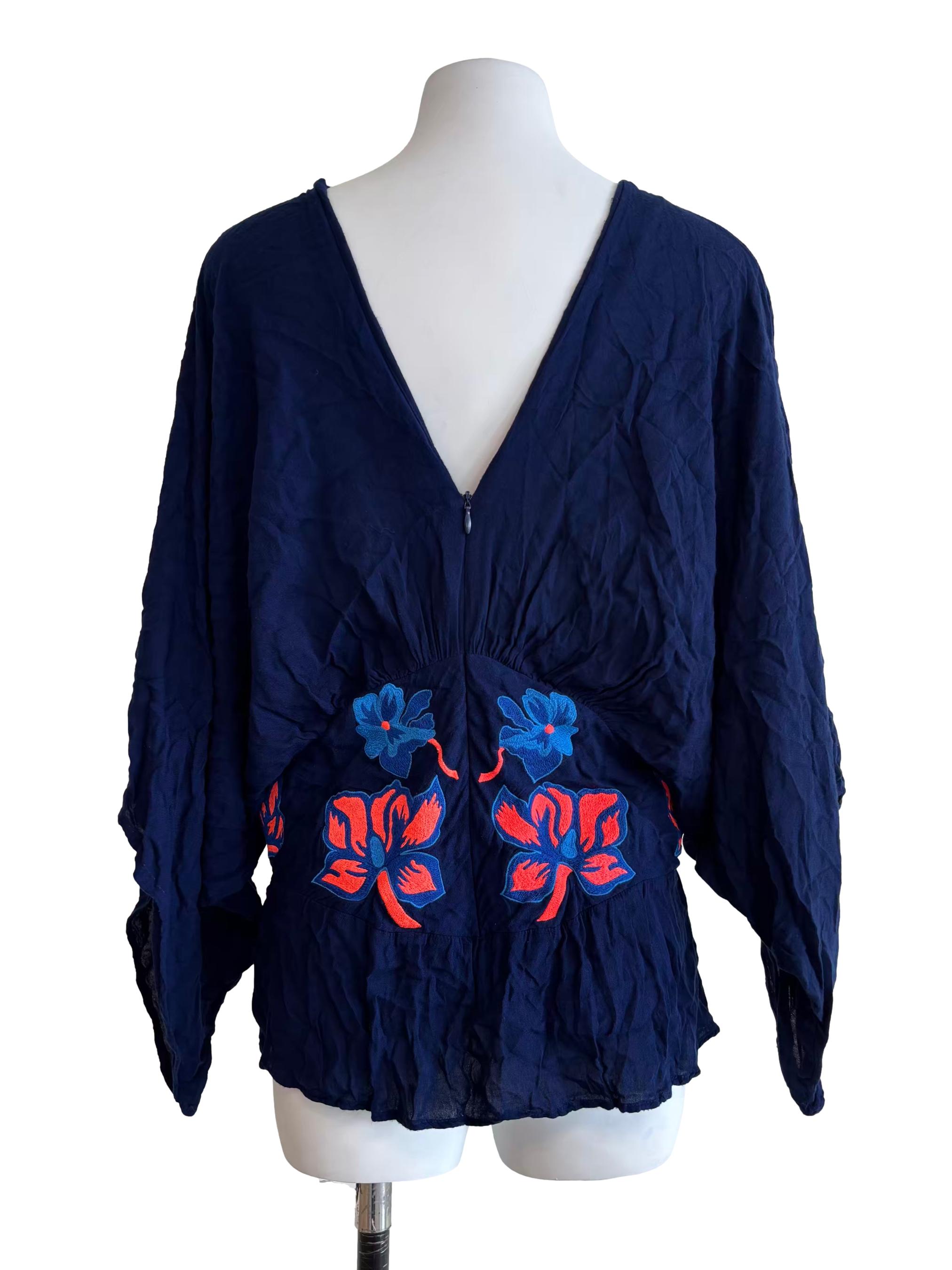 Navy Blue Batwing Embroidered Top