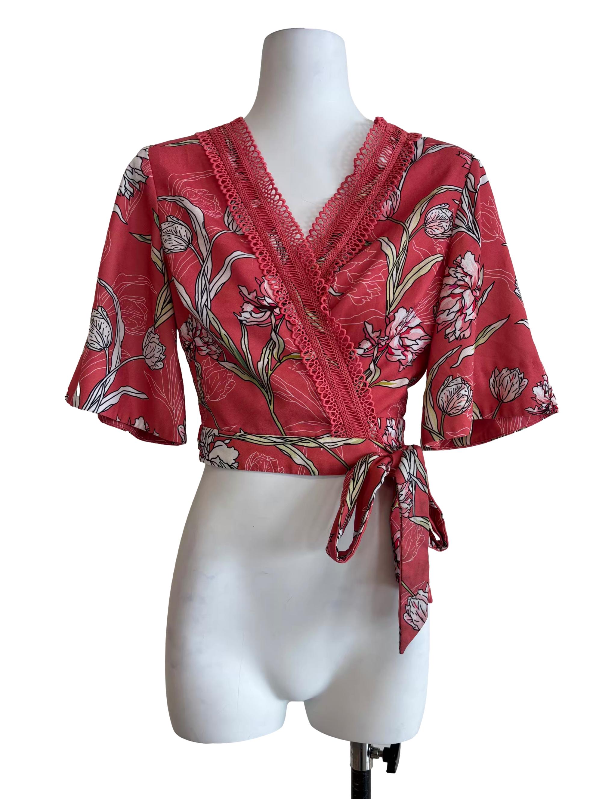 Strawberry Pink Floral Wrap Top