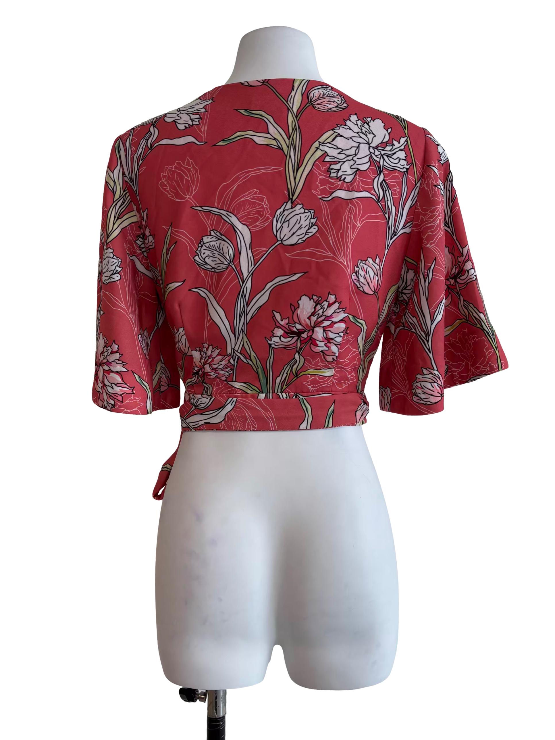 Strawberry Pink Floral Wrap Top