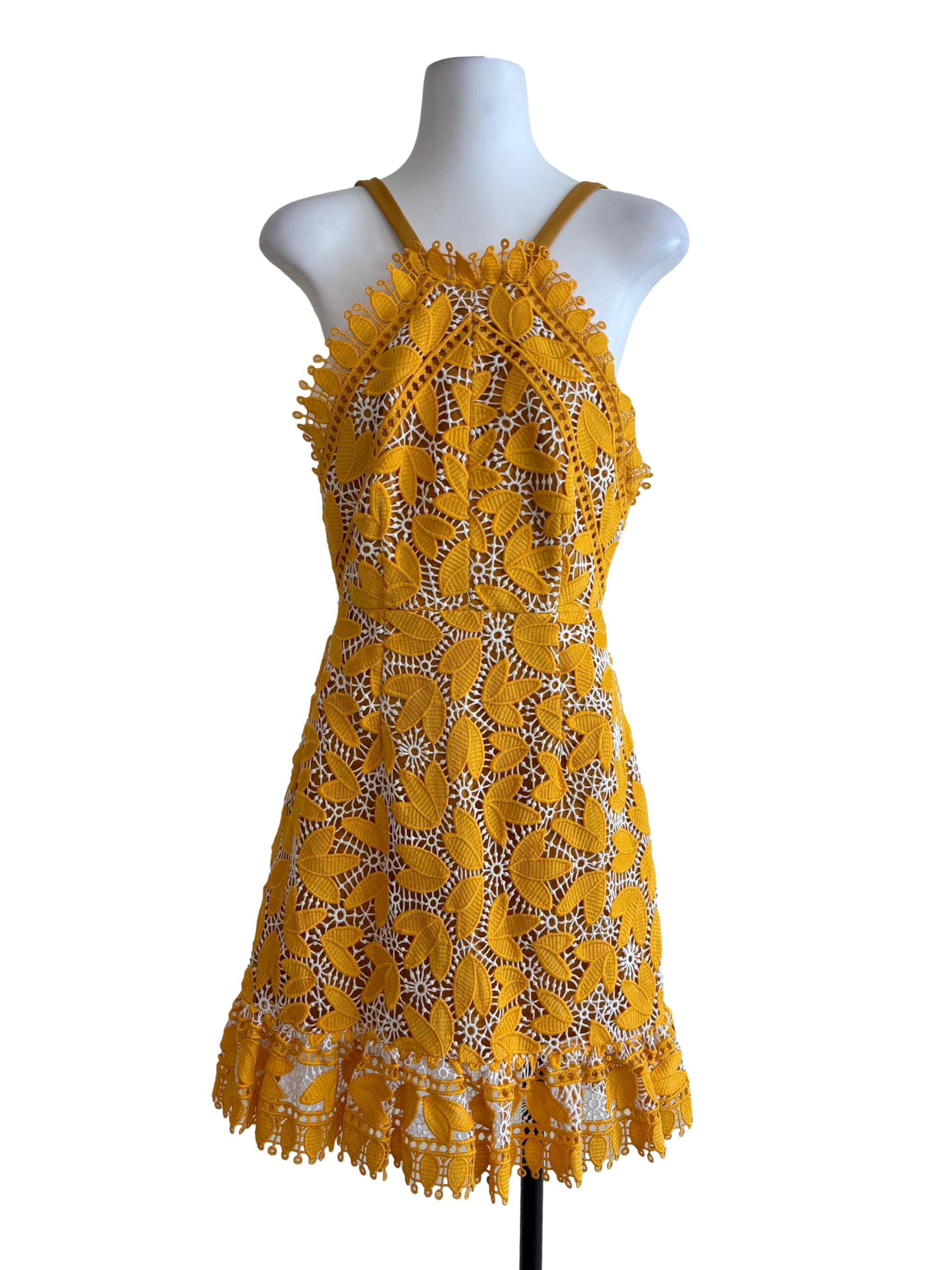 Honey Yellow A-Line Halter Lace Dress