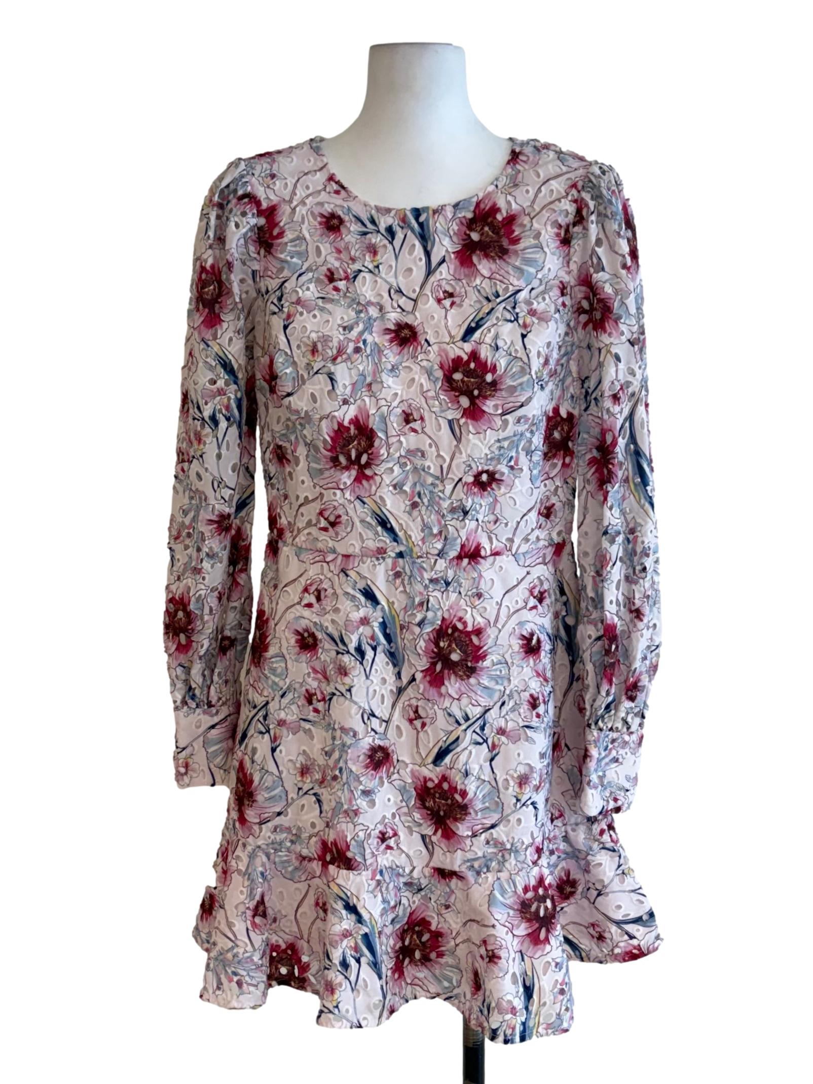 Dove White Eyelet Floral Print Long Sleeve Dress