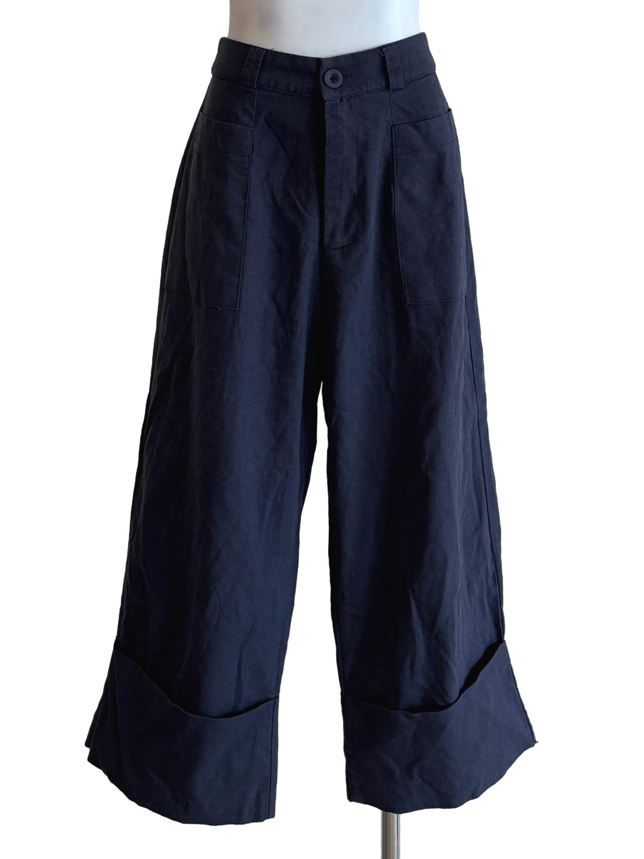 Navy Blue Cropped Linen Pants