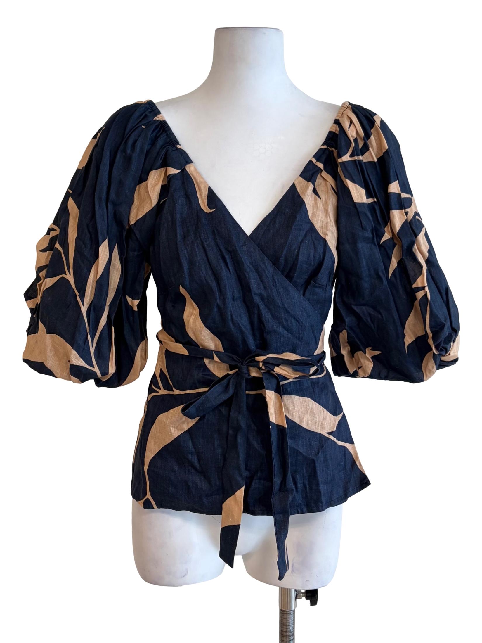 Navy Blue With Beige Leaf Motive Puffy Sleeve Top