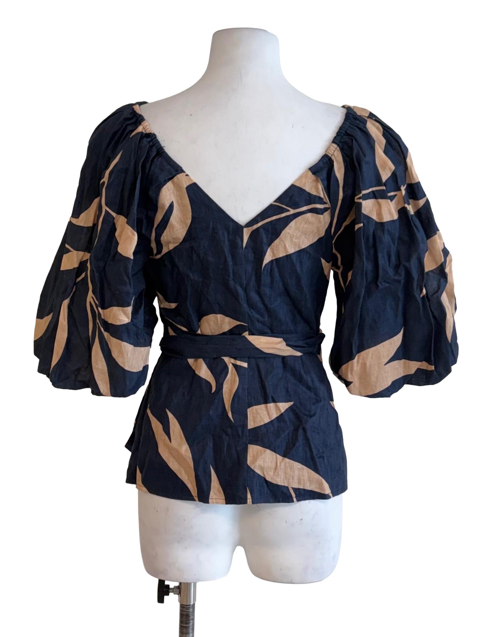 Navy Blue With Beige Leaf Motive Puffy Sleeve Top